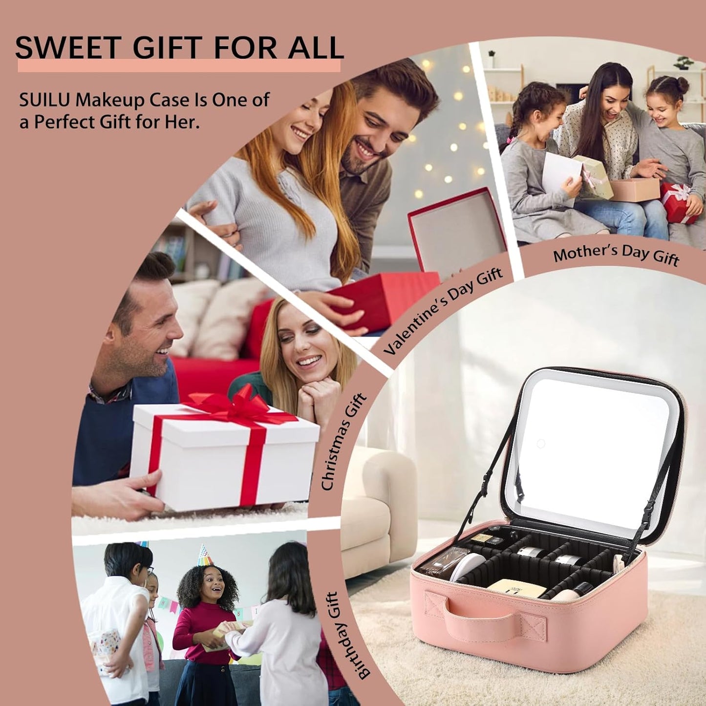 Makeup Bag with Led Mirror,Travel Makeup Organizer with 3 Color Setting, Portable Storage and Adjustable Dividers Travel Makeup Bag(Pink)