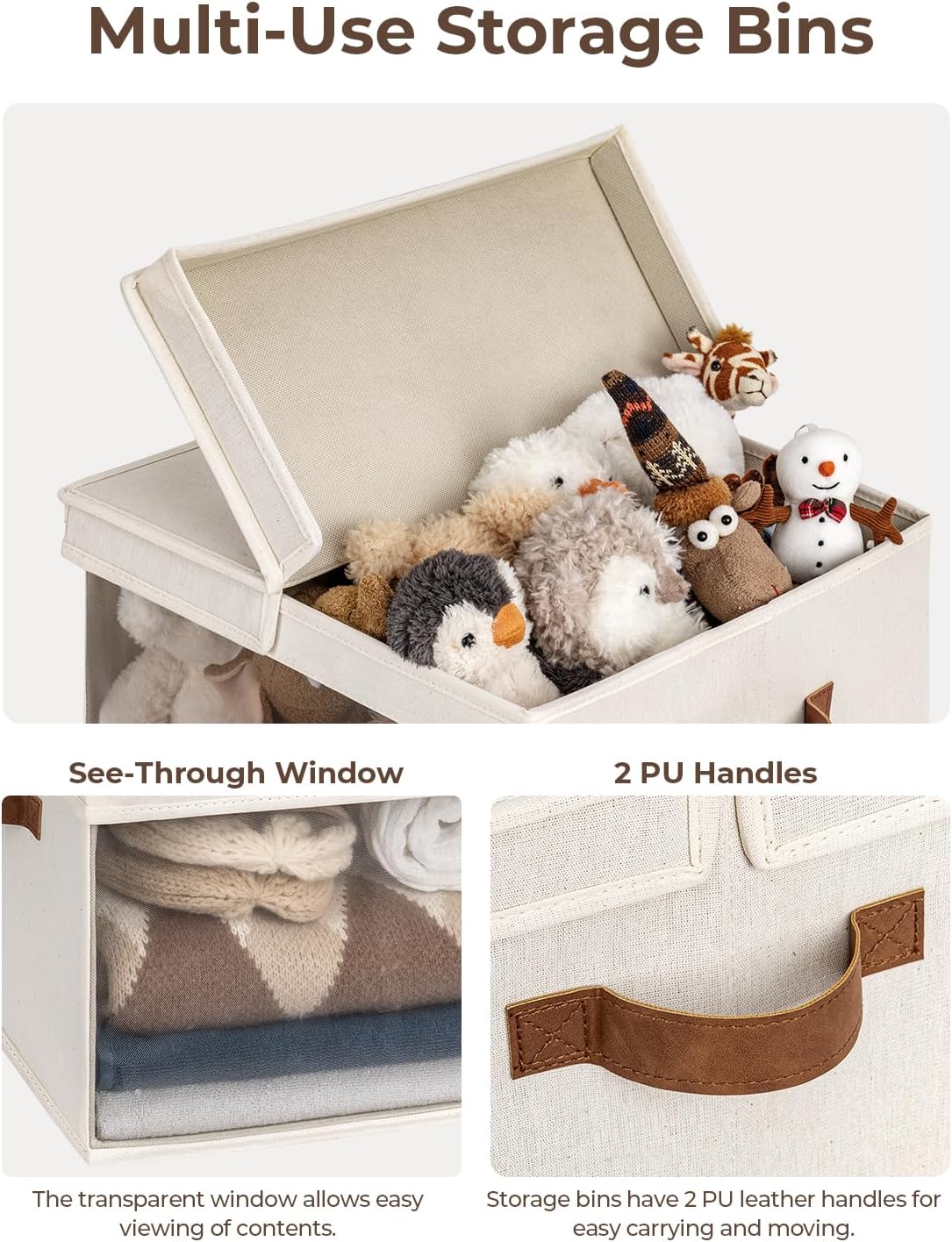 StorageWorks Storage Bins with Lid and Clear Window, Fabric Storage Boxes with Lids, Stackable Basket for Shelves, Closet Organizer and Storage Bins, Beige, Jumbo, 4-Pack