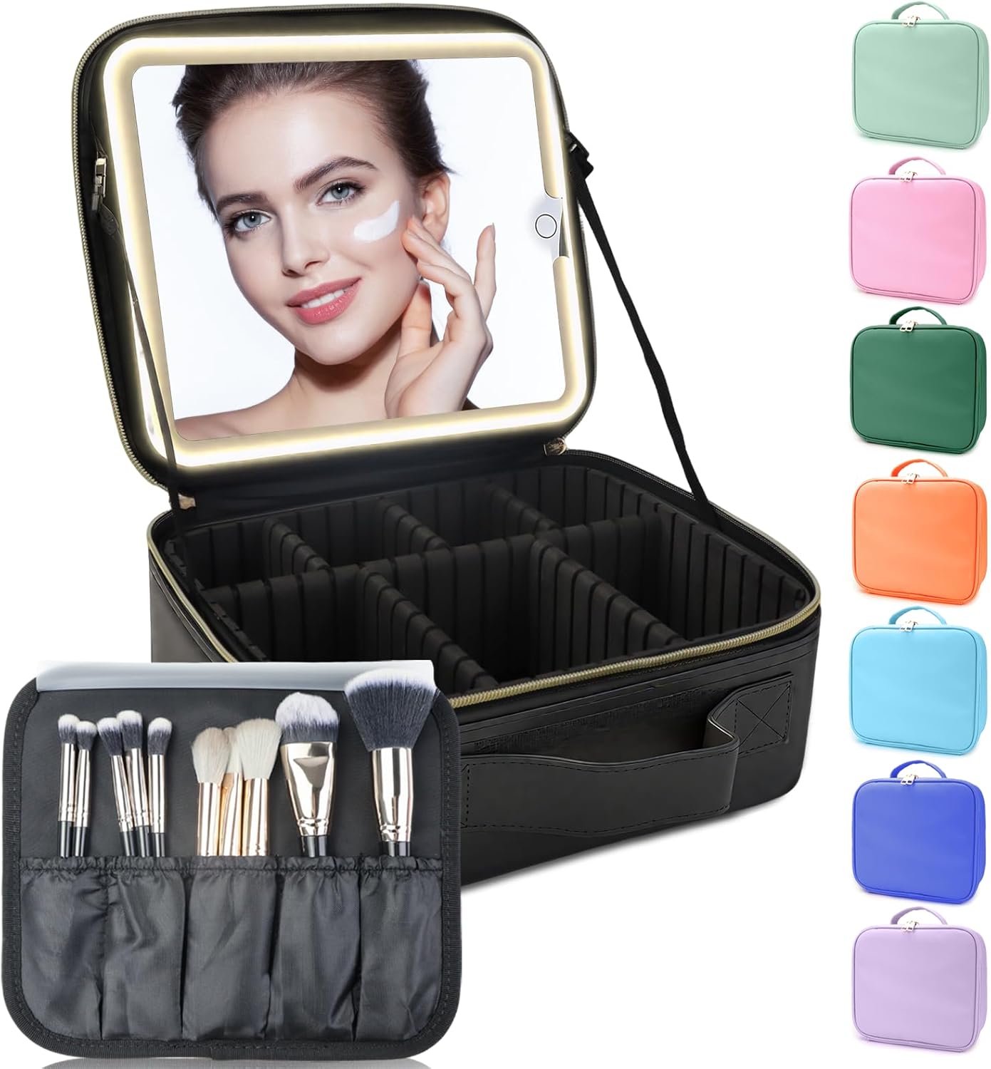 Makeup Bag with Led Mirror,Travel Makeup Organizer with 3 Color Setting, Portable Storage and Adjustable Dividers Travel Makeup Bag(Black)
