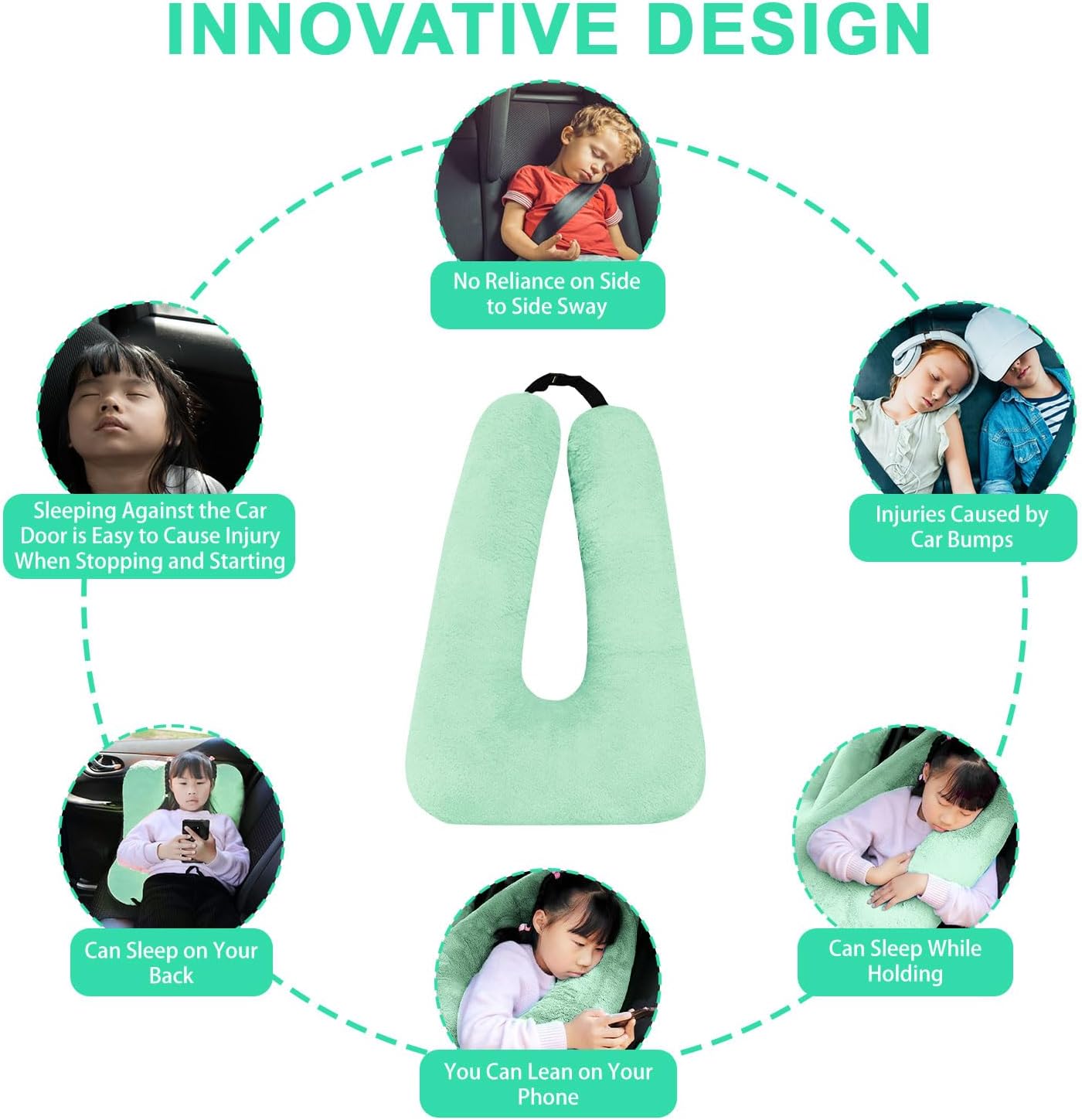 Travel Pillow, Travel Pillow for Kids, Sleeper Hold Pillow Travel, Removable U-Shaped Pillow for Adults and Children to Support Head and Body in The Back Seat of Long Car Trips (LightGreen)