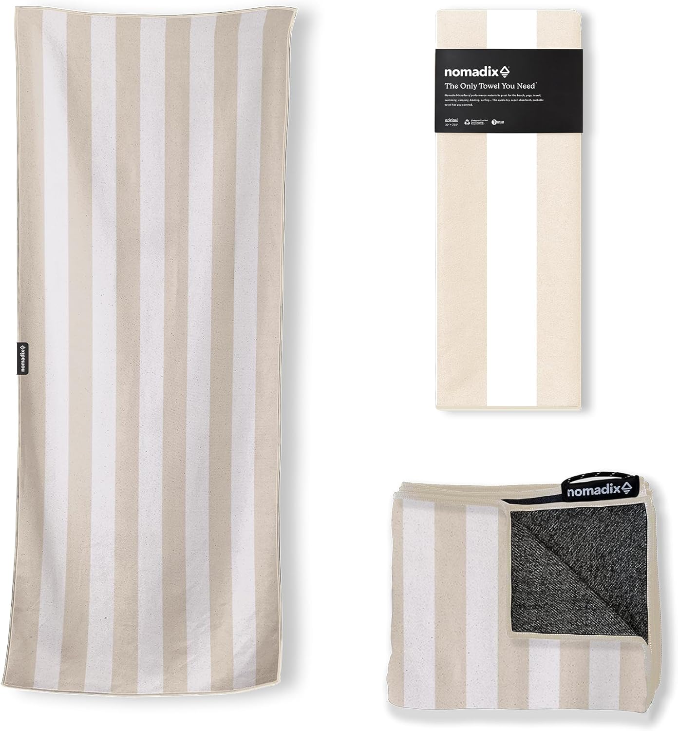 Nomadix Original Towel - Perfect for Beach, Pool, Travel, Camping, Yoga - Made with Recycled Materials - Super Absorbent - Sand Resistant - Cabana Stripe Beige - 72.5x30