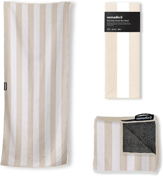 Nomadix Original Towel - Perfect for Beach, Pool, Travel, Camping, Yoga - Made with Recycled Materials - Super Absorbent - Sand Resistant - Cabana Stripe Beige - 72.5x30