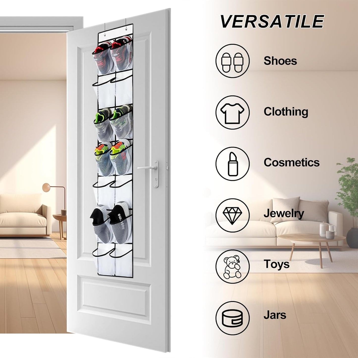 Over The Door Shoe Organizer, 14 Large Mesh Pockets Hanging Shoe Rack for Closet Organizers and Storage, White, 2-pack (white)