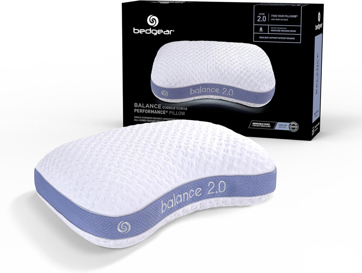 Bedgear Balance Cuddle Curve Performance Pillow - Size 2.0 - Moisture-Wicking Pillow for Side Sleepers - Medium Firmness Bed Pillow- Hypoallergenic, Washable Removable Cover - 20" W x 26" L x 5.75" H