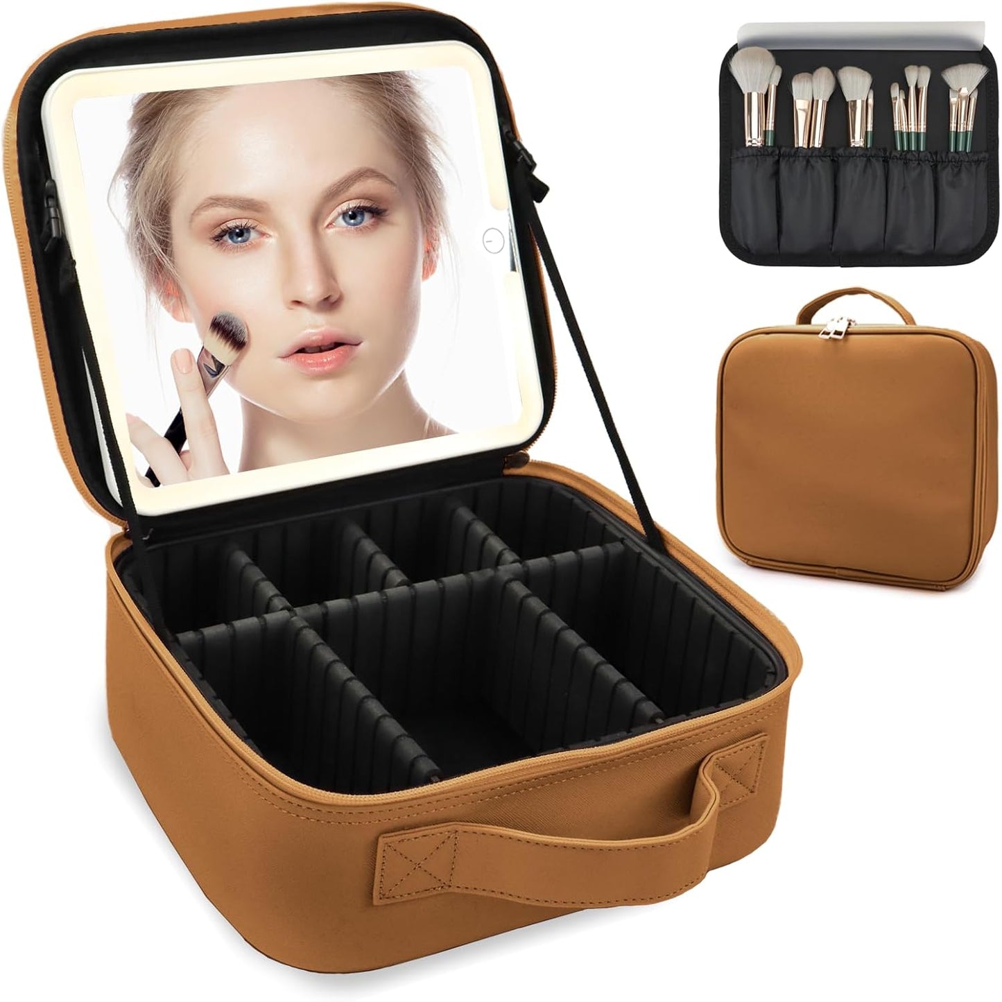 Travel Makeup Bag for Women and Makeup Artists Cosmetic Organizer Large Makeup Case,Travel Makeup Bag with Mirror 3 Color Setting,Portable Storage and Adjustable Dividers(brown)