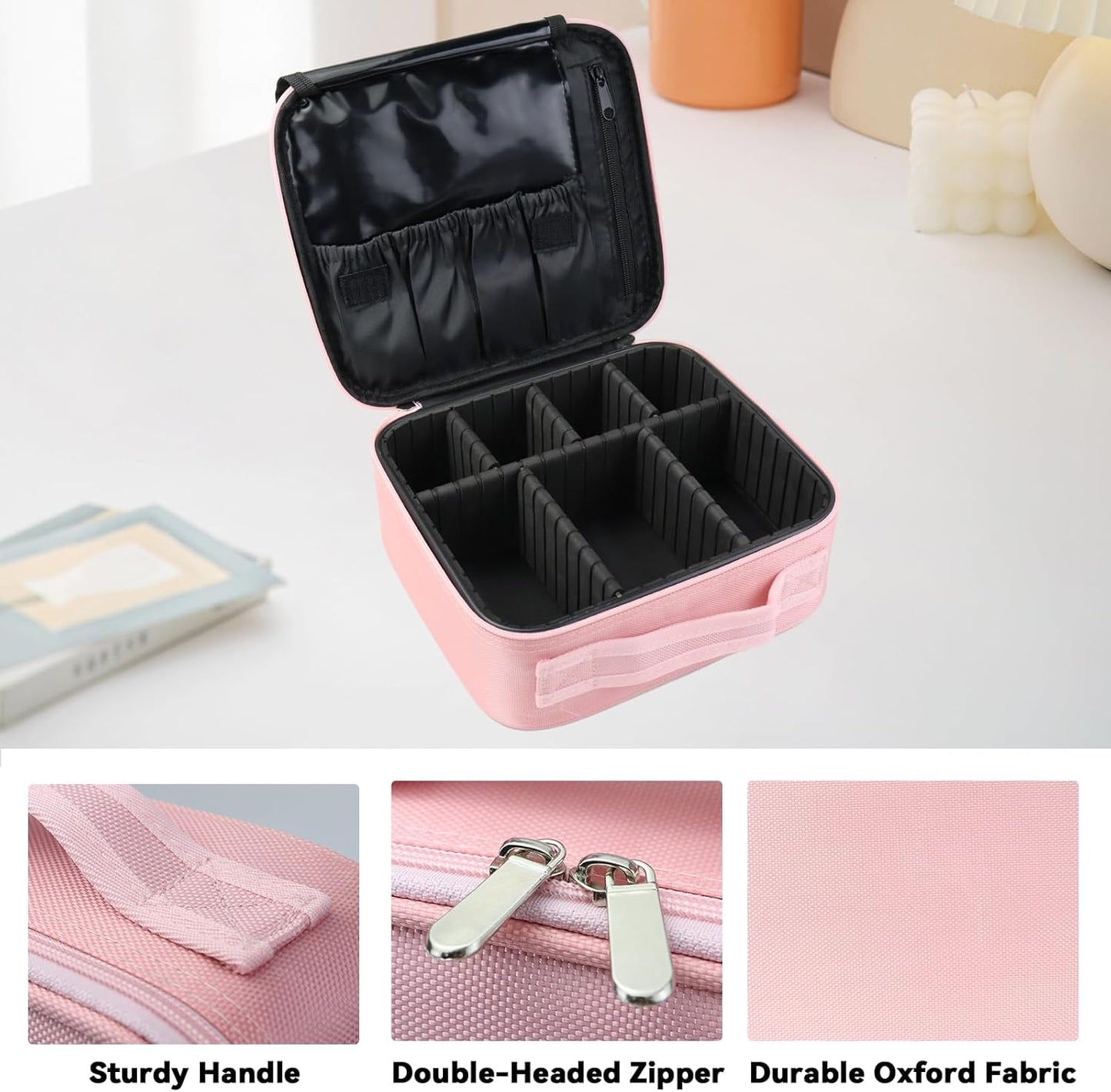 Travel Makeup Bag Makeup Cosmetic Train Case Organizer Portable Storage Bag with Adjustable Dividers for Cosmetics Makeup Brushes Toiletry Jewelry Pink