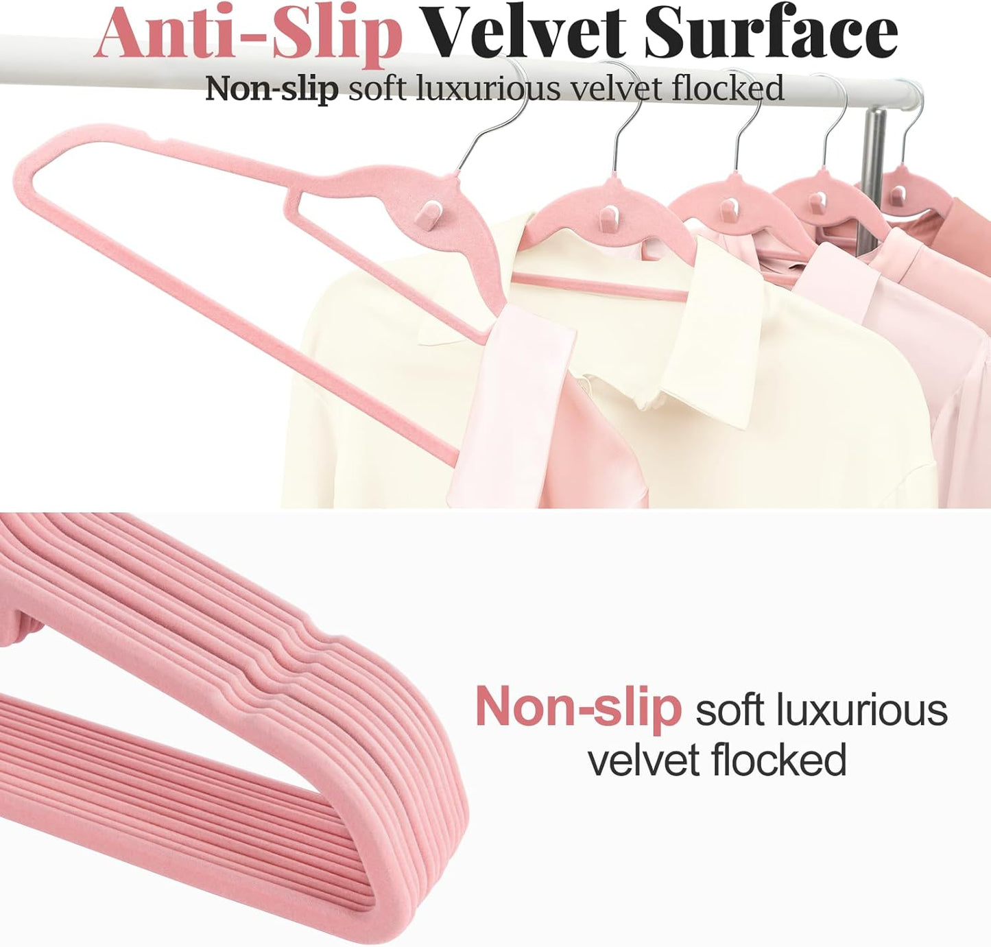 Velvet Felt Stackable Hangers 50 Pack, Non Slip, with 360°Swivel Hook, Ultra Thin and Space Saving for Suits, Shirts, Coats, 15Lbs Capacity Heavy Duty, Pink