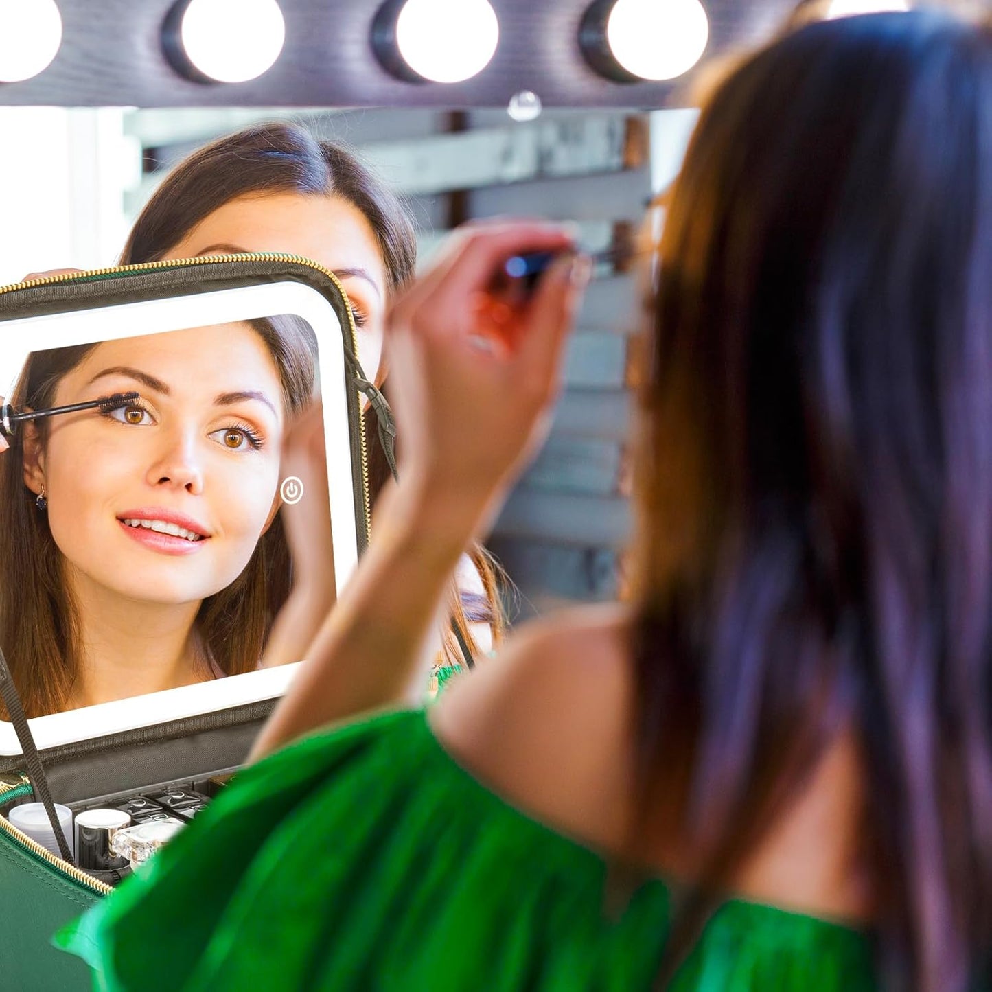 Makeup Travel Train Case with Mirror LED Light 3 Adjustable Brightness Large Cosmetic Bag Portable Storage Adjustable Partition Waterproof Makeup Brushes Make up Jewelry Gift for Women