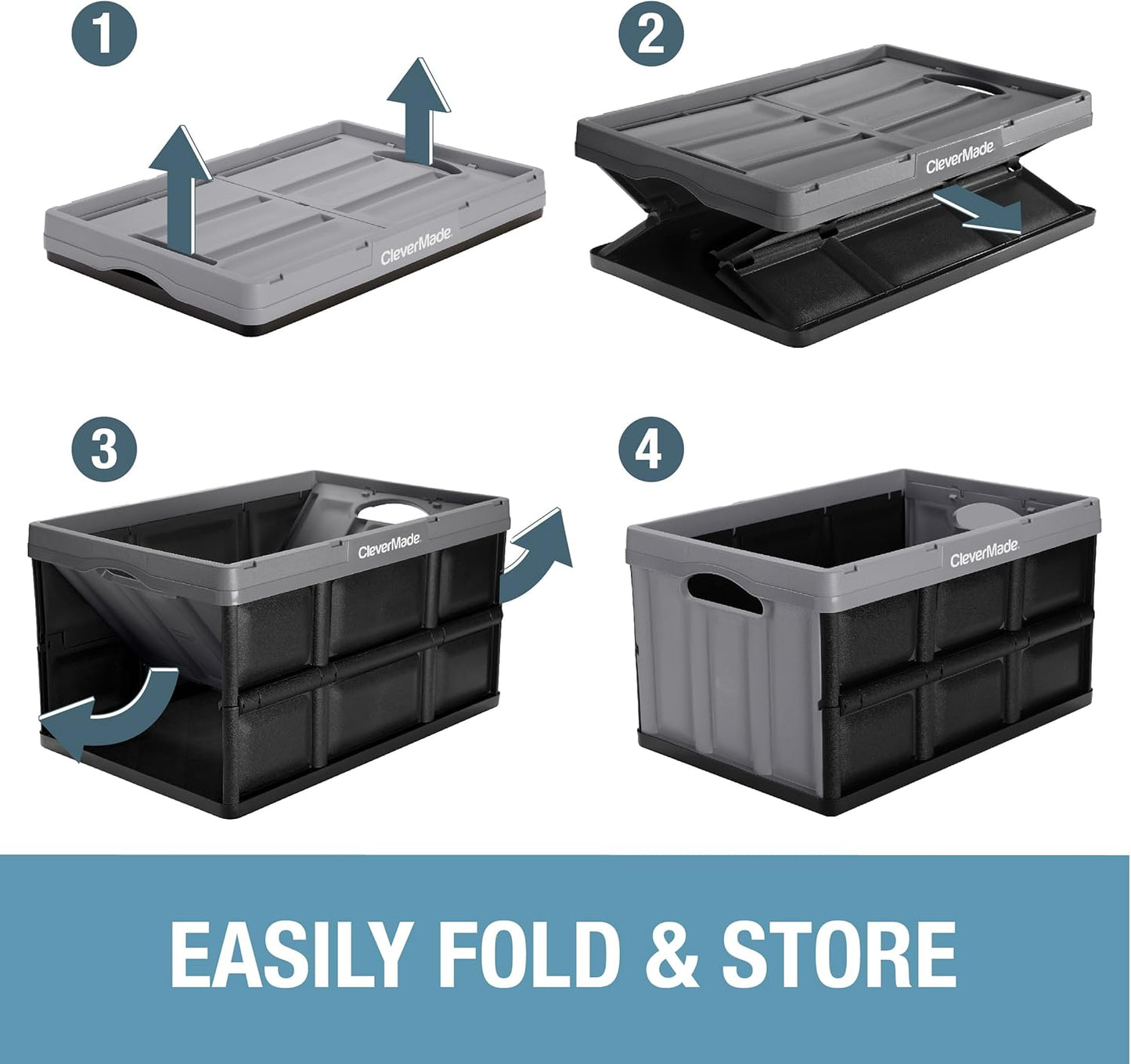 CleverMade Collapsible Storage Bins - Stone 3 Pack 62L - Stackable Containers Heavy Duty Capacity Folding Crates - Space-Saving for Home