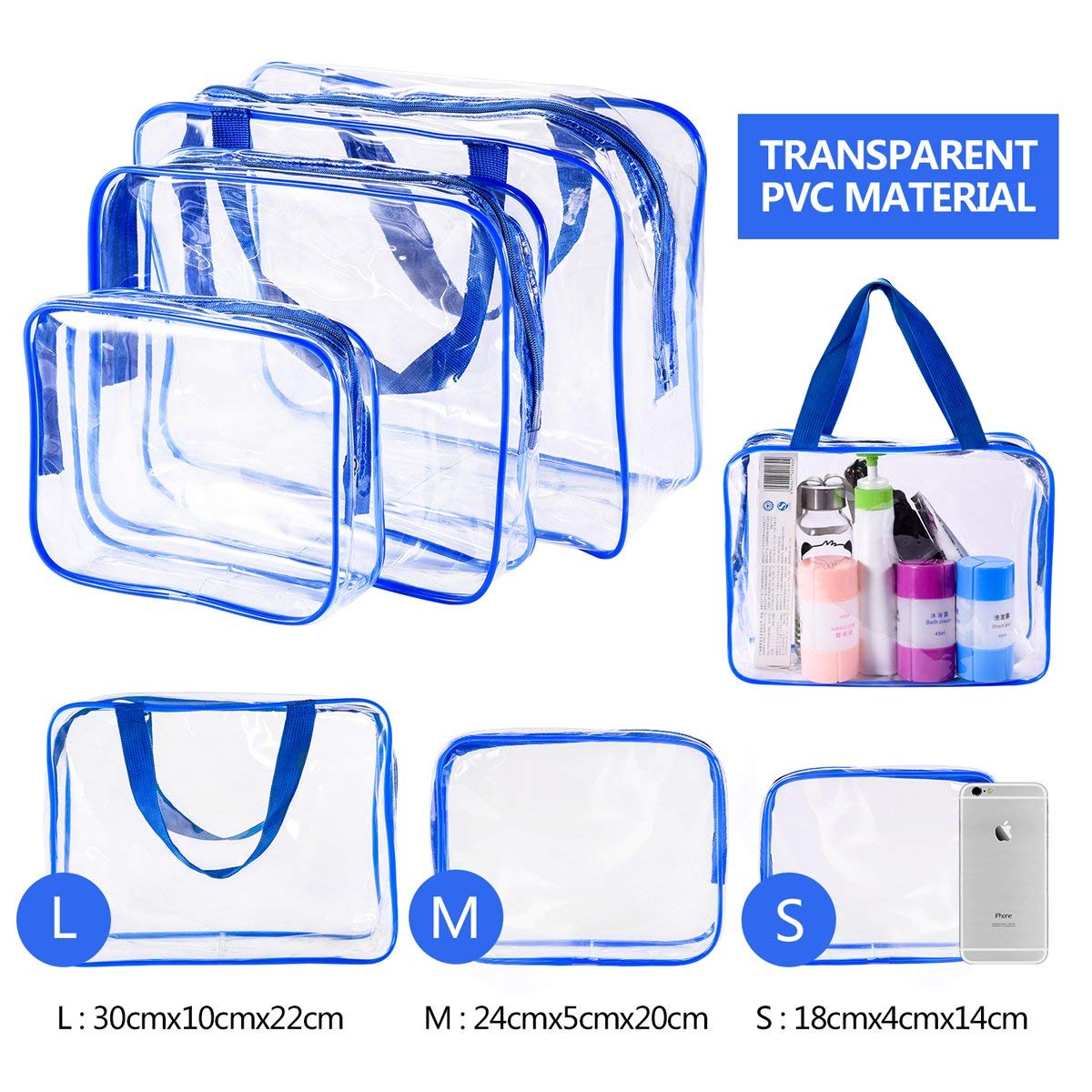 5Pcs Crystal Clear PVC Travel Toiletry Bag Kit for Women Men, Waterproof Vinyl Packing Organizer Storage Bags with Zipper Handle Straps, Cosmetic Pouch Carry on Airport Airline Compliant Bag Handbag