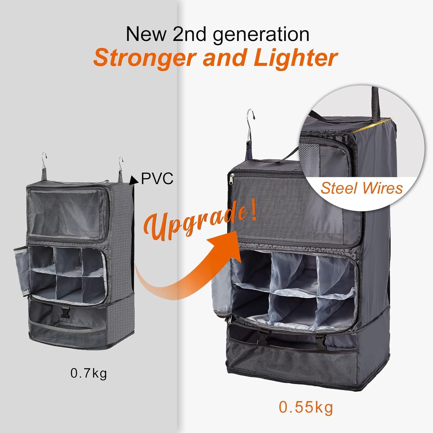 TABITORA Travel Portable Hanging Shelves Closet Organizer Packing Luggage Storage with Multifunctional and Foldable Invisible Compartment,Lightweight, for Suitcase, RV,Closet…Grey,XL