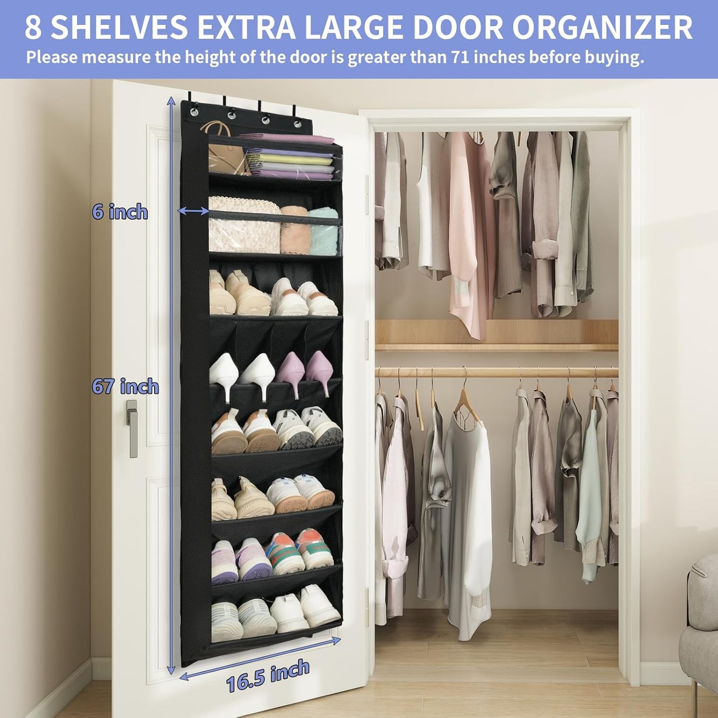 FENTEC 1 Pack 8 Shelves Over The Door Shoe Organizer, 68" Exlarge Deep Pockets Hanging Shoe Organizer, Shoe Rack for Closet, Shoe Holder for Boots,Over Door Organizer in Home, RV, Dorm, Black