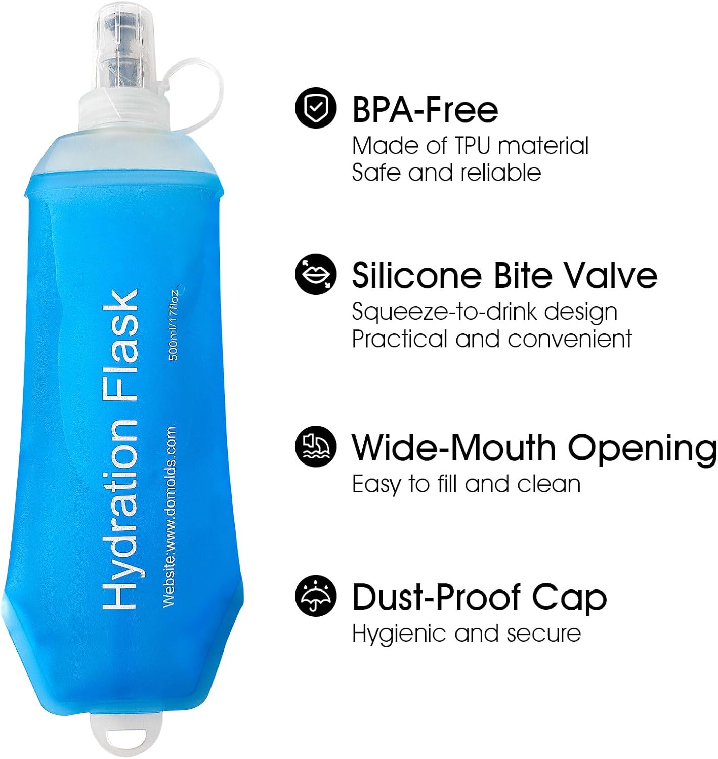 GYGYL Soft Flask, TPU Collapsible Soft Water Bottle for Hydration Pack, Running Vest, Leak-Proof Folding Water Bottle for Hiking Cycling Climbing Jogging-500ml Blue