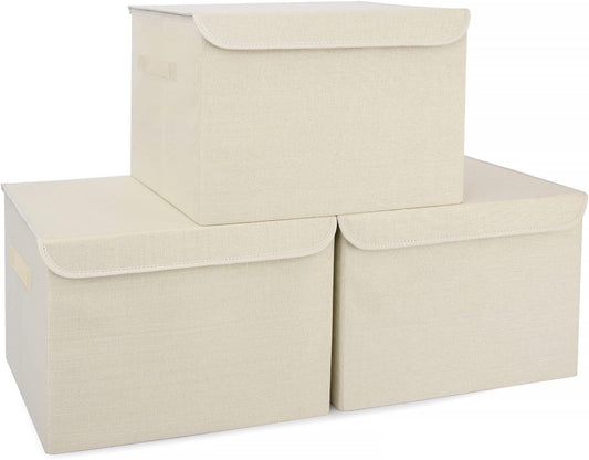 Large 42 Quarts Collapsible Stackable Storage Bins Cube with Lids [3-Pack] Foldable Fabric Linen Storage Boxes, Closet Organizer Baskets with Label for Home (16.7 x 12 x 12, Beige)