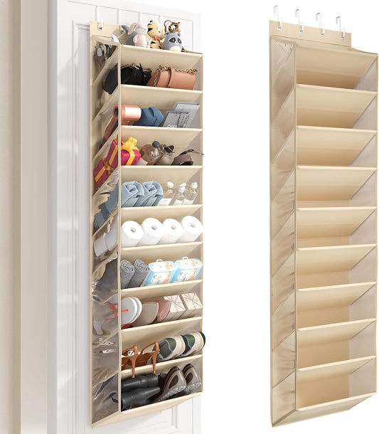Over the Door Shoe Organizer for Closet, Shoes Rack with 10 Tier PVC Window Deep Pockets, Hanging Shoe Organizers for Boot Storage, Behind the Door Narrow Shoe Holder for Small Shoes, Beige
