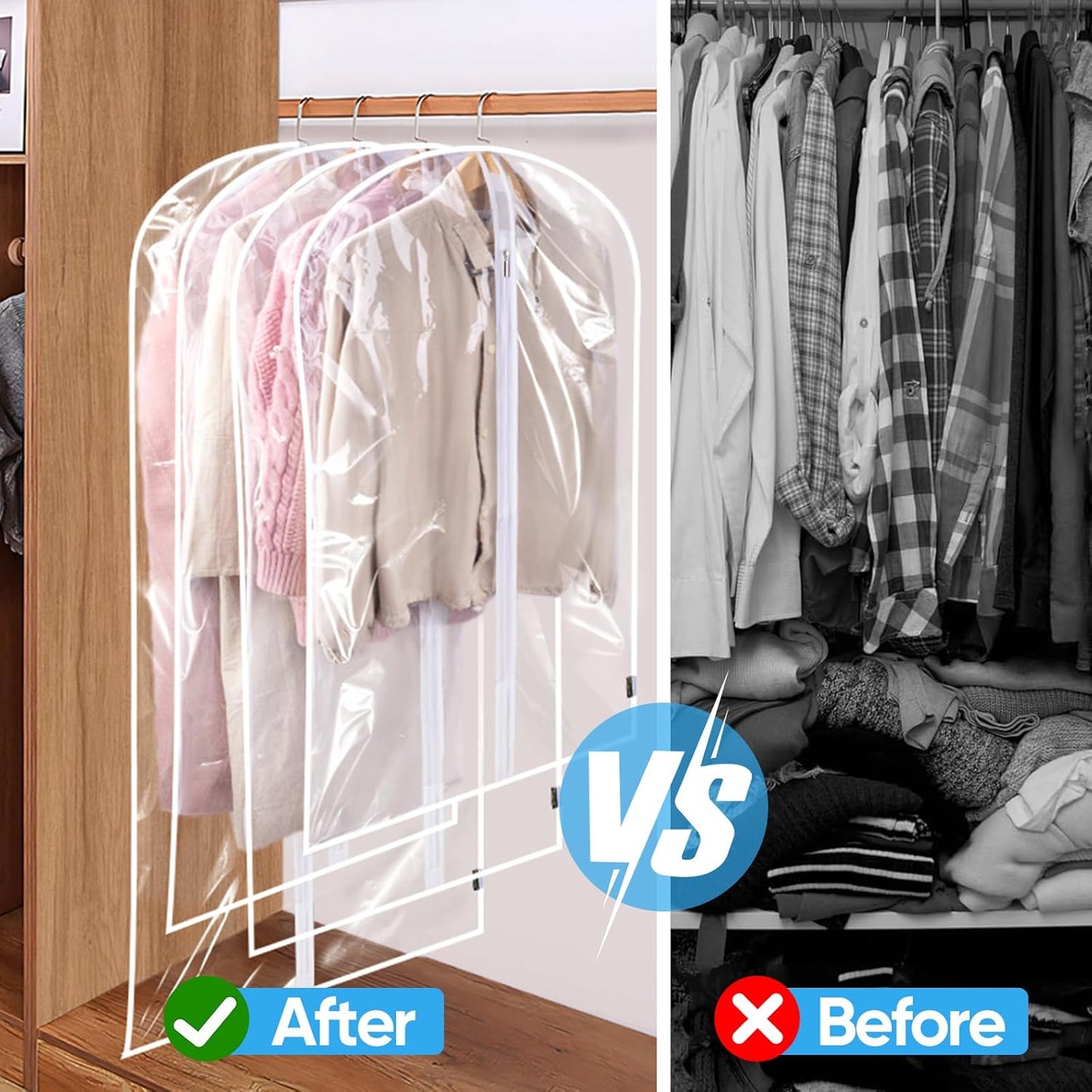 BALEINE 60'' Clear Garment Bags, 6 Packs PEVA Dress Bag for Closet Clothes Dresses Suit Coats Storage (Clear, 6PK)