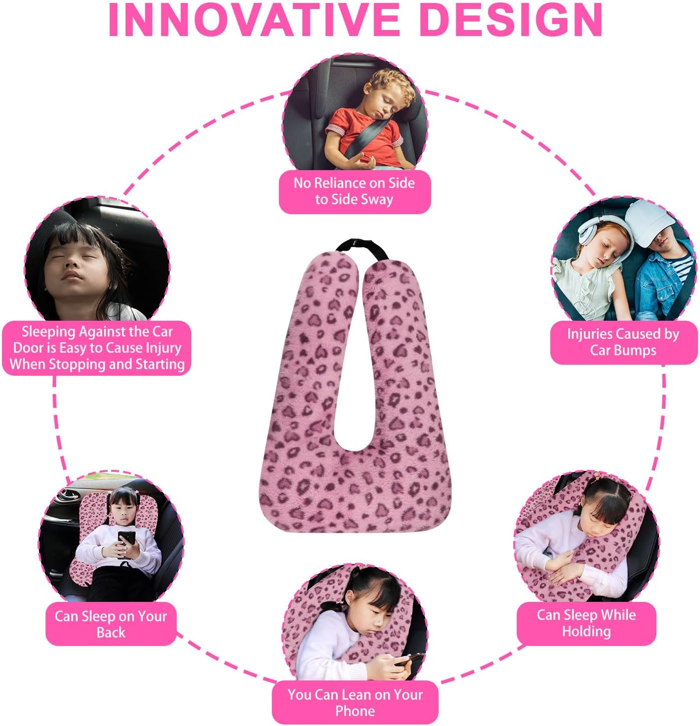 Travel Pillow, Travel Pillow for Kids, Sleeper Hold Pillow Travel, Removable U-Shaped Pillow for Adults and Children to Support Head and Body in The Back Seat of Long Car Trips (Pink Leopard Print)