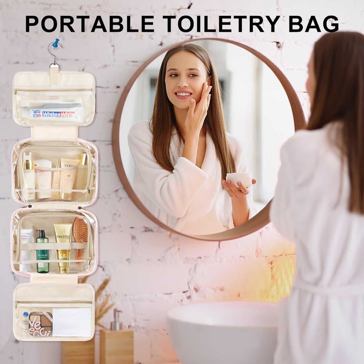 TOPEAST Travel Toiletry Bag for Women - Hanging Toiletry Bag Makeup Bag, Portable Toiletries Cosmetic Bag, Airplane Travel Essentials - Letter V, Pink