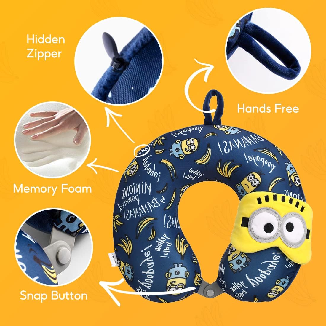 MINISO Minions Travel Neck Pillow with Eye Mask, Cute Cartoon 100% Memory Foam Neck Support Pillow, Lightweight Travelling Pillow Set for Airplane, Car and Home Use