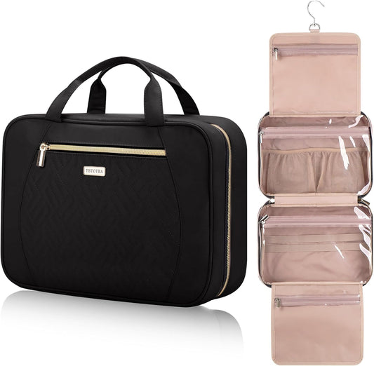 Hanging Toiletry Bag for Women Travel, 2 Sizes Large & Small Waterproof Cosmetic Organizer with 4 Compartments, Rotating Hook, Foldable Pink Travel Bag for Toiletries & Makeup - Medium Black