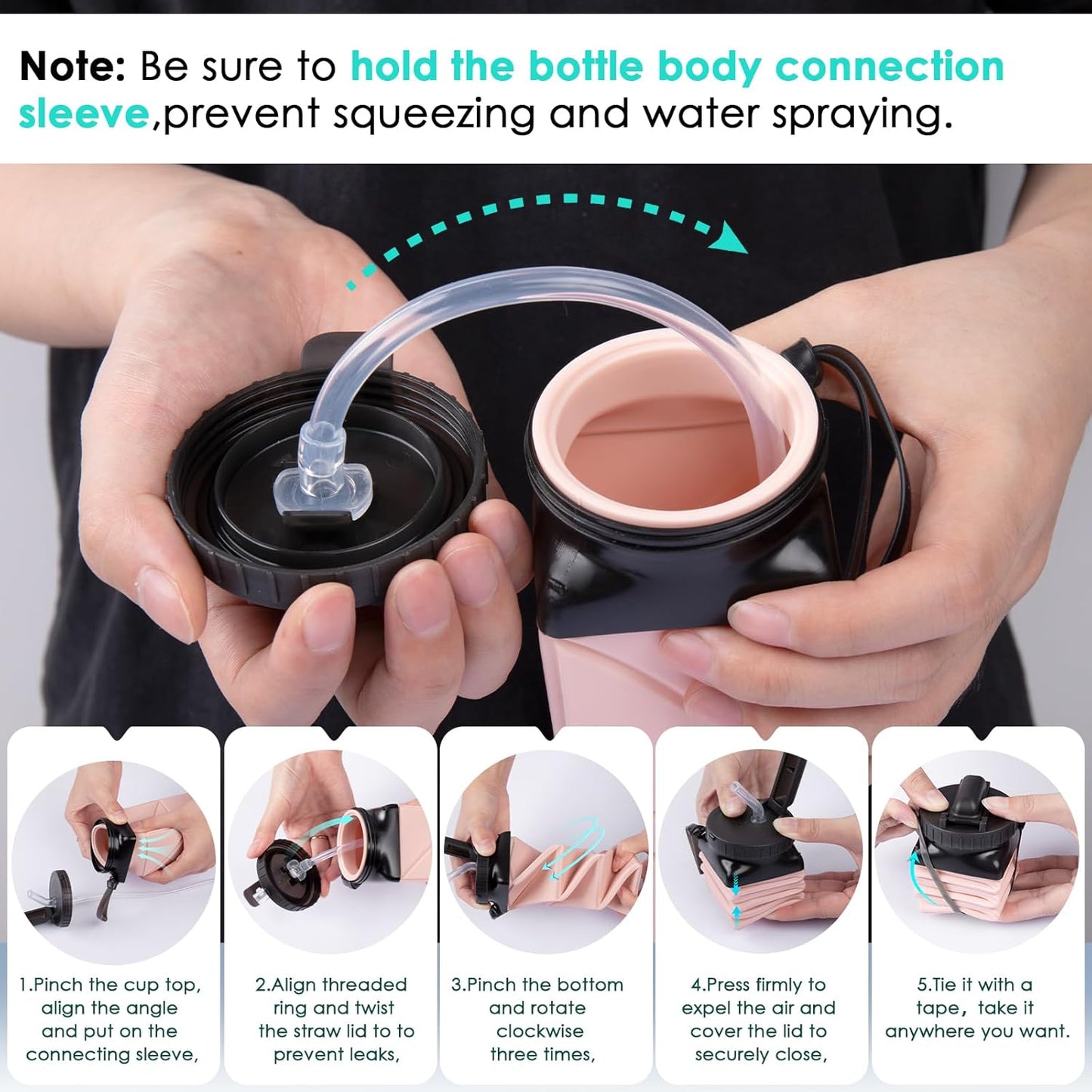 Collapsible Water Bottles 20.6oz Foldable Water Bottle BPA Free Reusable Lightweight LeakProof Travel Silicone Water Bottles for Travel Gym Hiking Camping (Upgrade Light Pink)