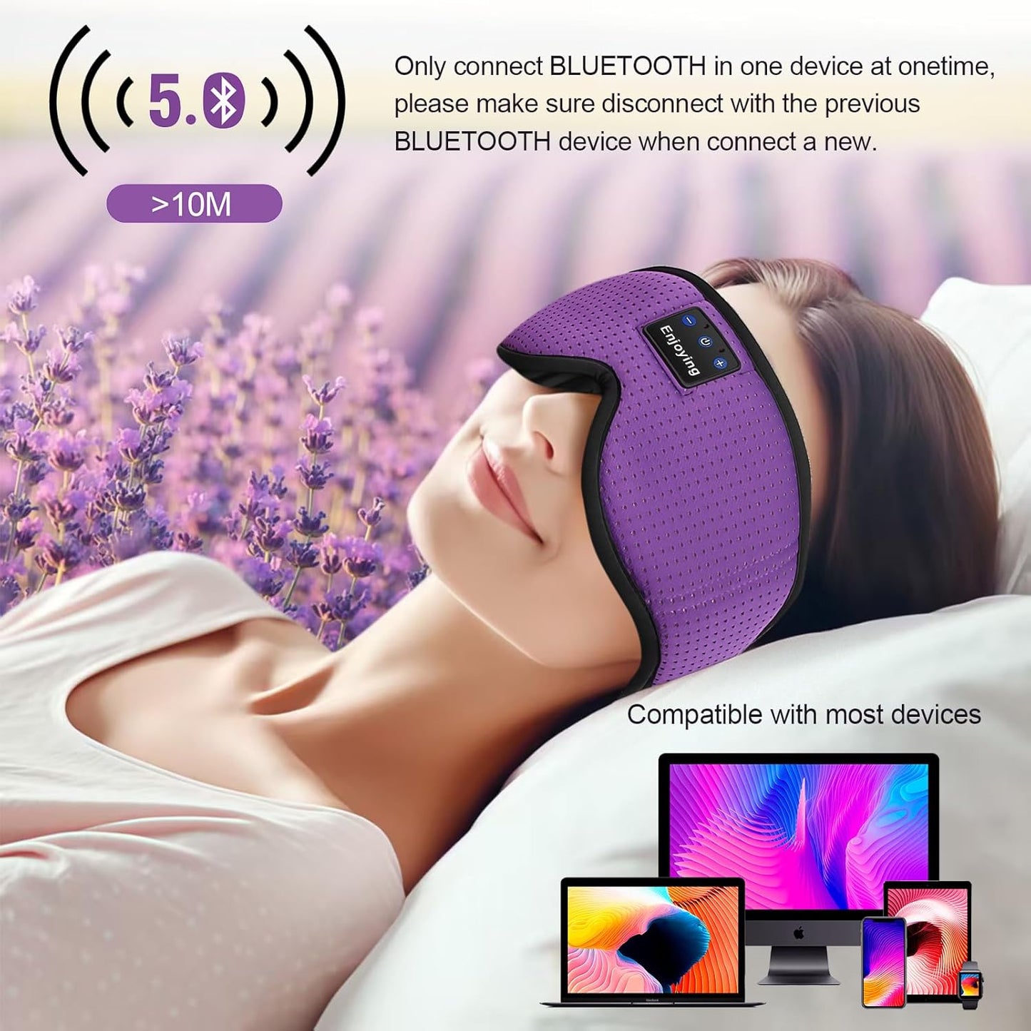 Sleep Headphones, Sleep Mask Bluetooth Wireless Music Eye Mask, Sleeping Mask for Side Sleepers Sleep Mask with 3D Bluetooth Headphones Ultra-Thin Stereo Speakers Perfect for Sleeping (Purple)