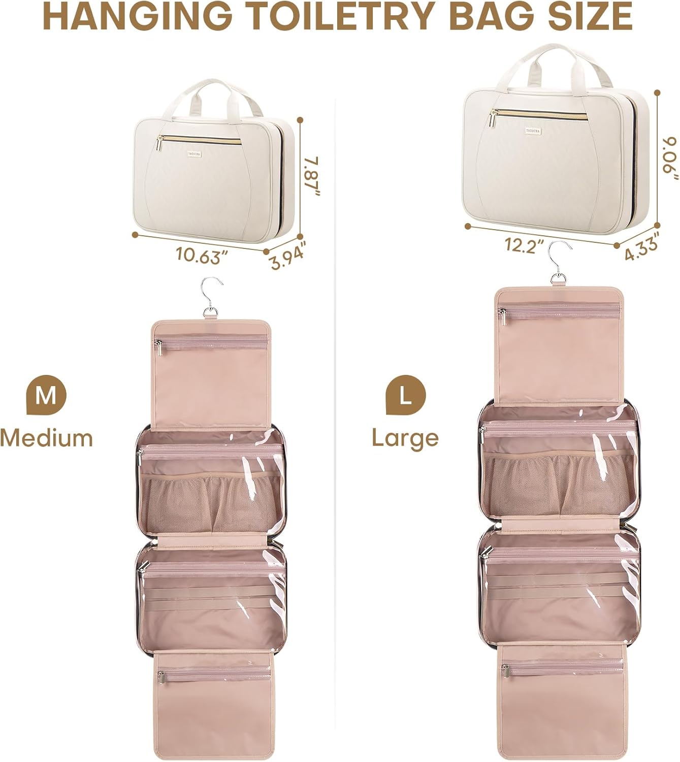 Hanging Toiletry Bag for Women Travel, 2 Sizes Large & Small Waterproof Cosmetic Organizer with 4 Compartments, Rotating Hook, Foldable Pink Travel Bag for Toiletries & Makeup - Large Beige
