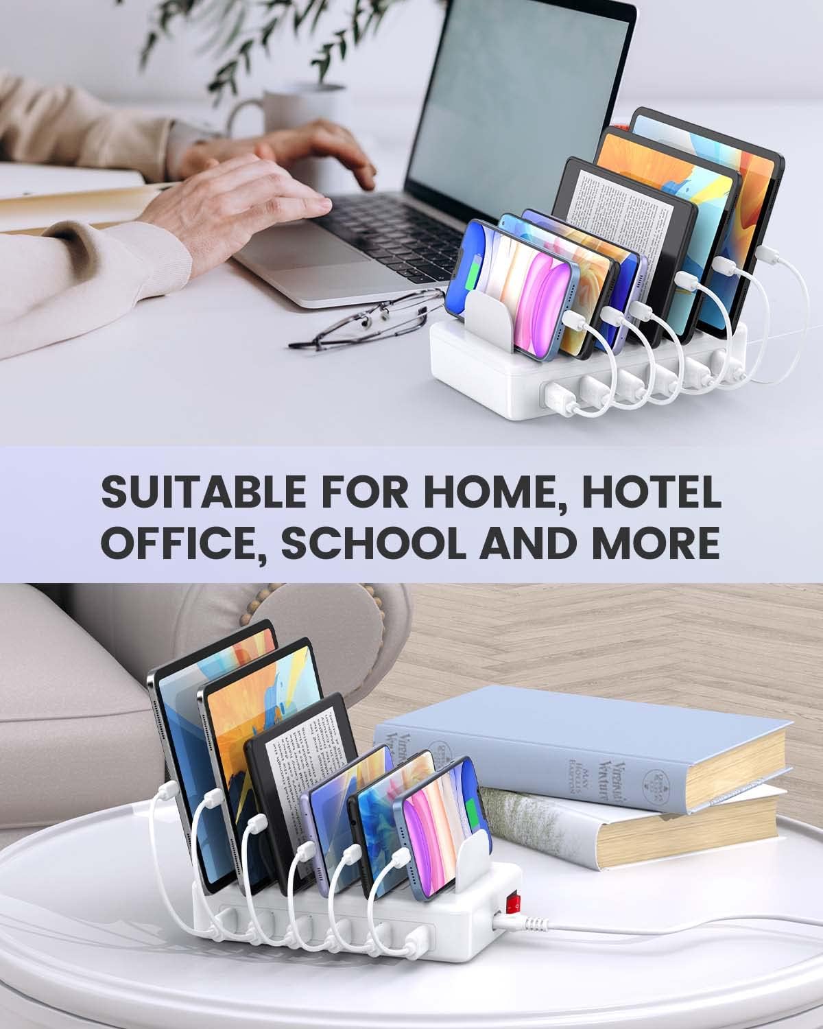 Charging Station for Multiple Devices Apple, CREATIVE DESIGN 50W Multi Charger Station with 6 USB Ports & 6 Cables, Charging Dock for Apple Android Phone iPad Kindle Tablet and Other Electronic