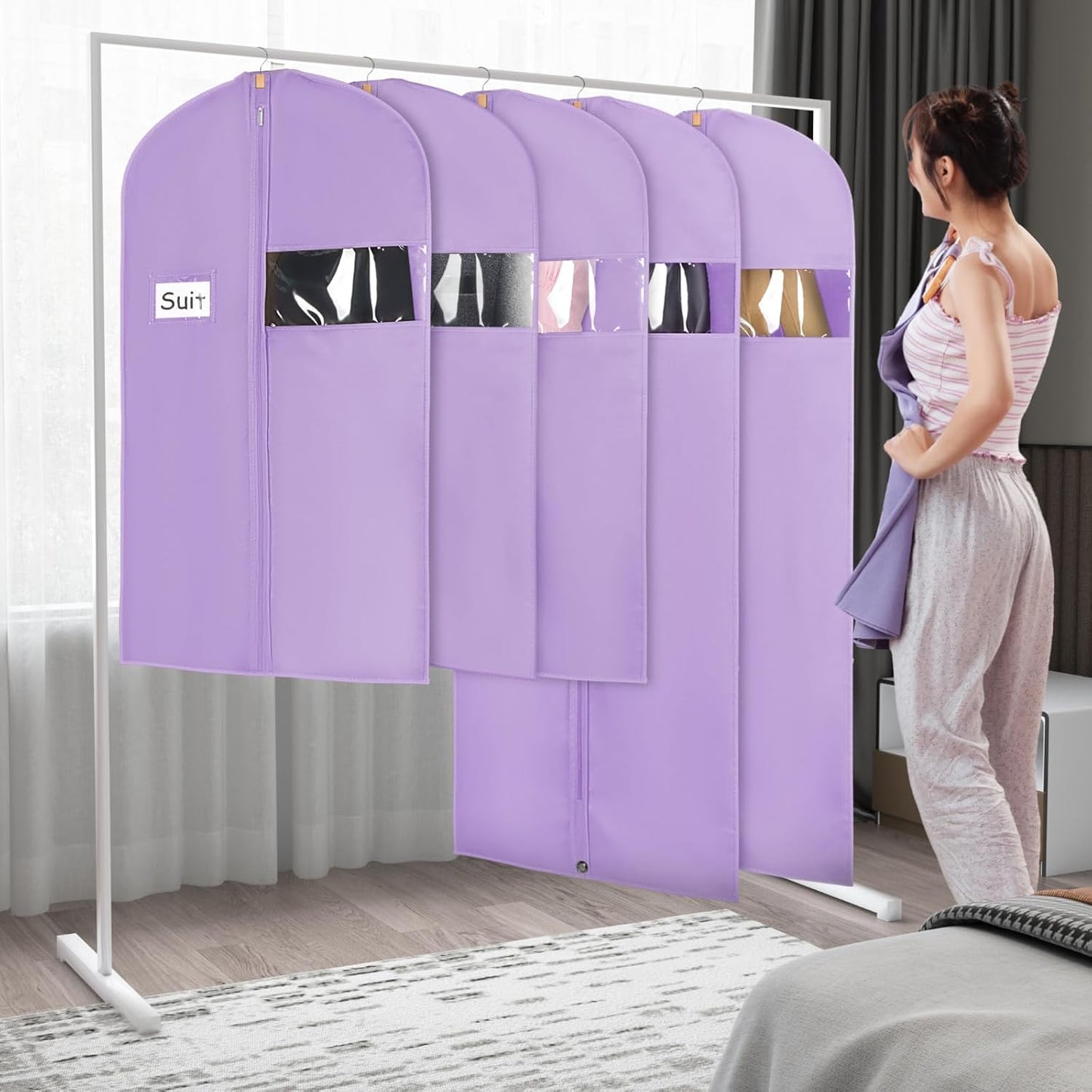 Syeeiex 40" Suit Bag, Set of 8 Garment Bags for Hanging Clothes, Suit Bags for Closet Storage, Garment Bags for Suits, T-shirts, Jackets, Coats, Business Wear(Purple)