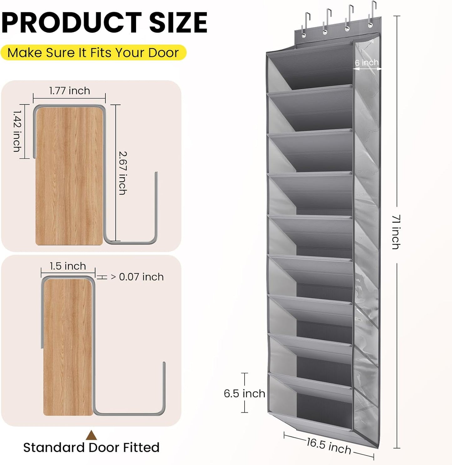 Over the Door Shoe Organizer for Closet, Shoes Rack with 10 Tier PVC Window Deep Pockets, Hanging Shoe Organizers for Boot Storage, Behind the Door Narrow Shoe Holder for Small Shoes, Grey