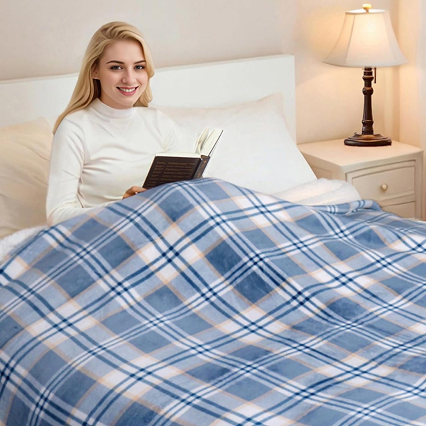 PU MEI Sherpa Blanket Queen Plaid Thick Bed Blanket, 80”*90” Super Soft Flannel Fuzzy Fleece Reversible Velvet Plush Warm Blanket for Couch (Blue White Check)