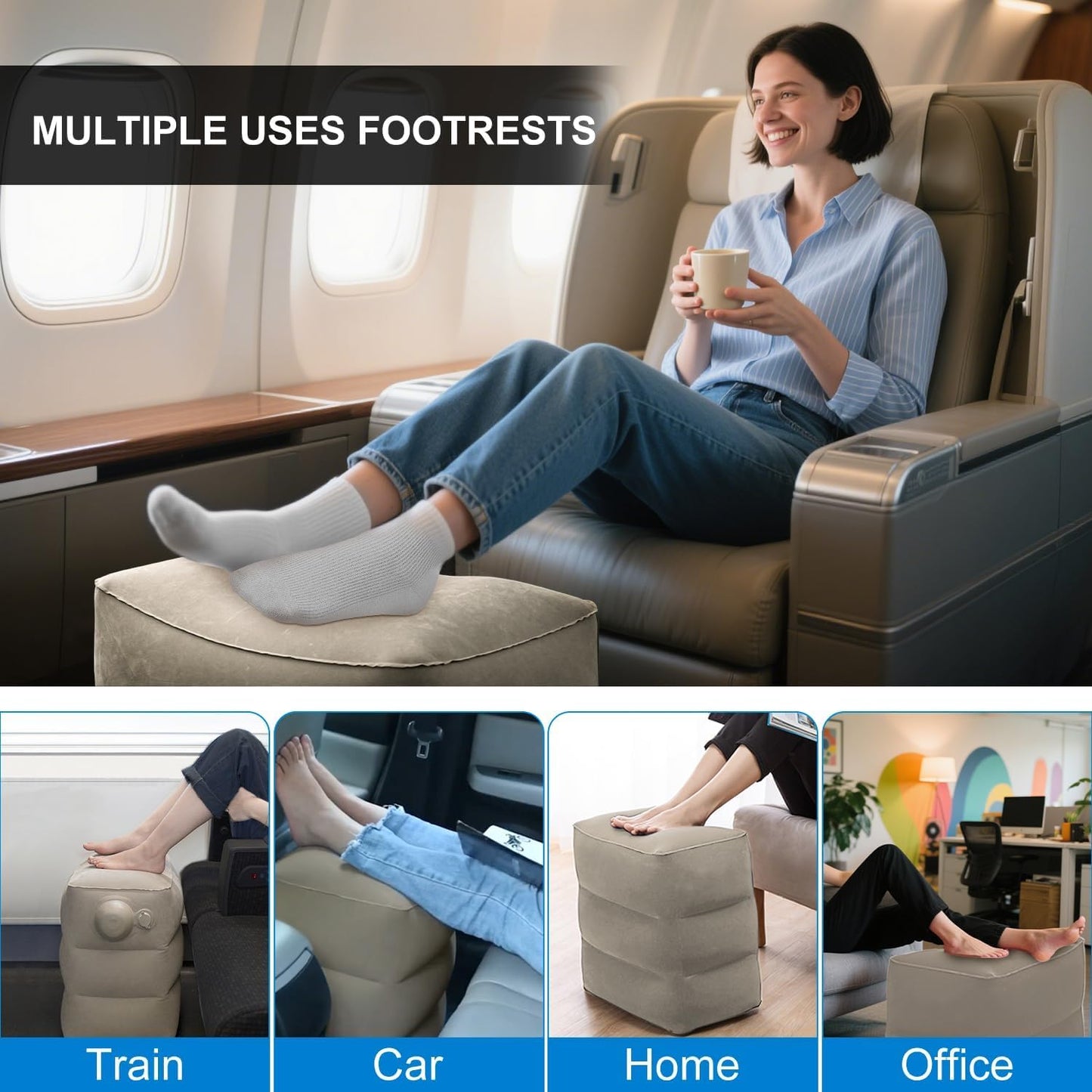 Inflatable Travel Foot Rest Pillow, 2 Pack Airplane Foot Rest Pillows, Portable Inflatable Leg Rest Pillow Flights Seat Extender with Storage Bag for Plane, Car, Train (2Pack Grey)