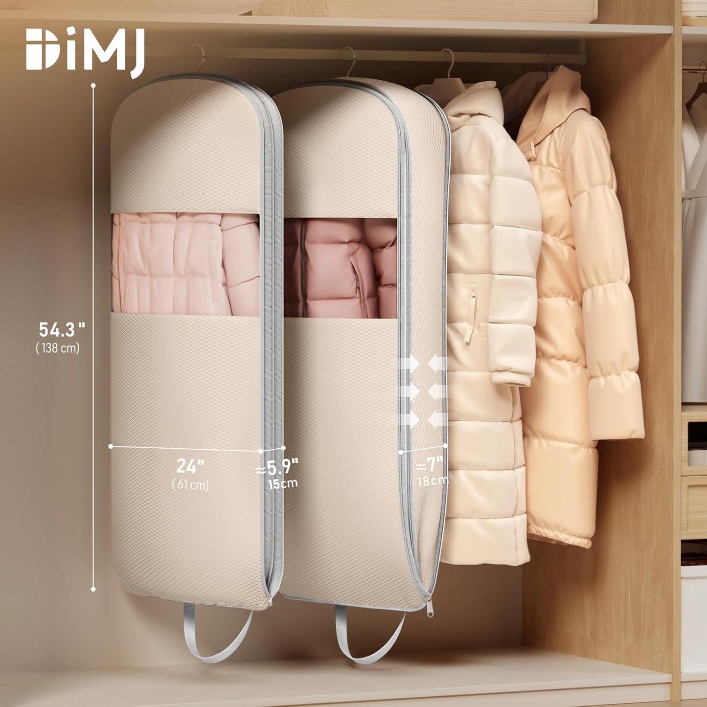 DIMJ 4 Pack 54" Garment Bags for Hanging Clothes - Space Saving Compression Suit Bag Travel with Handles Window, Washable Carry Clothing Storage Cover for Dress, Coats, Down Jacket, Shirts