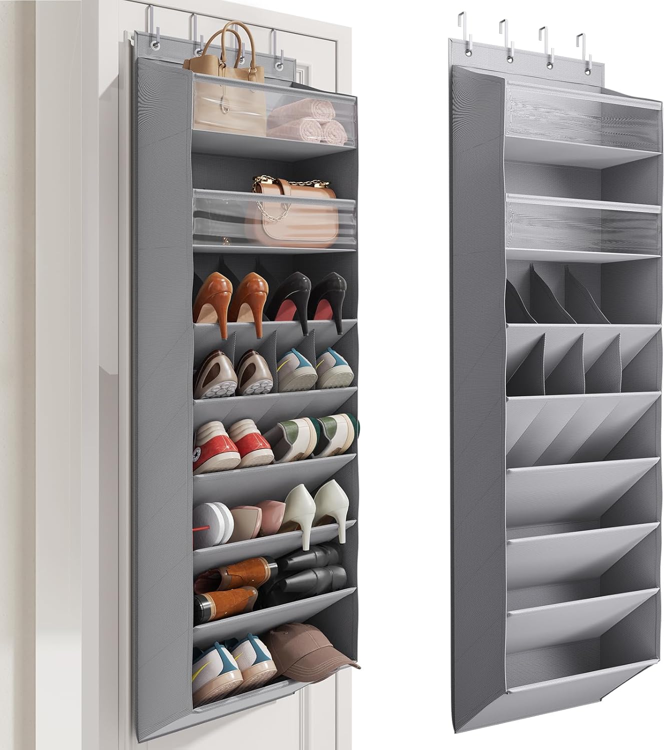 Over the Door Shoe Organizer for Closet, Shoes Rack with 8 Tier Large Deep Pockets, Hanging Shoe Organizers for Boot Storage, Behind the Door Narrow Shoe Holder for Small Shoes, Grey