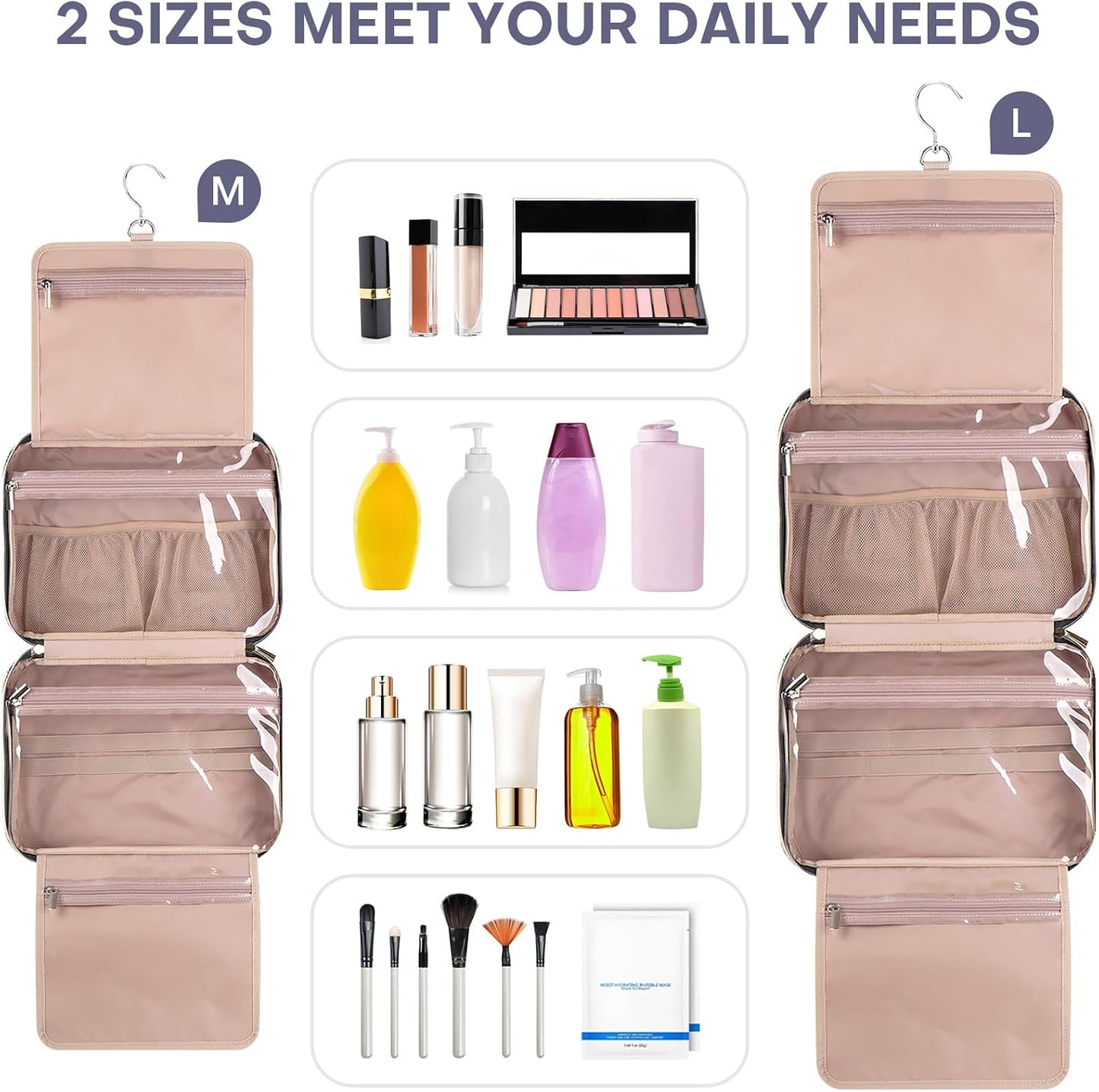 Hanging Toiletry Bag for Women Travel, 2 Sizes Large & Small Waterproof Cosmetic Organizer with 4 Compartments, Rotating Hook, Foldable Pink Travel Bag for Toiletries & Makeup - Large Grey