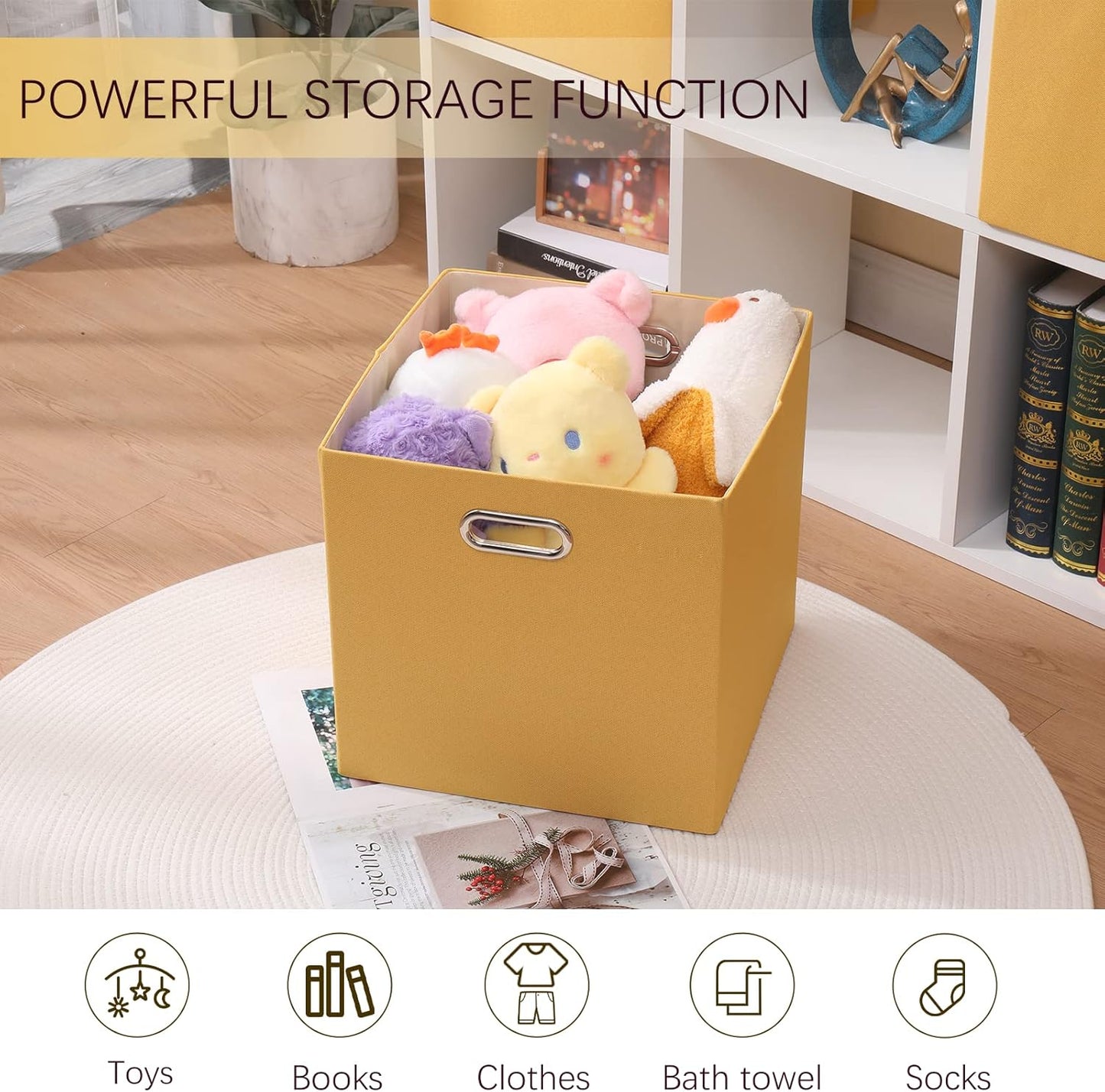 Cube Storage Bins 13×13x13 Inch, 4 Pack Collapsible Linen Fabric Storage Cubes with Handles, Thick Heavy Duty Storage Baskets for Shelves Kallax Bedroom Dormitory Toy Clothes, Yellow