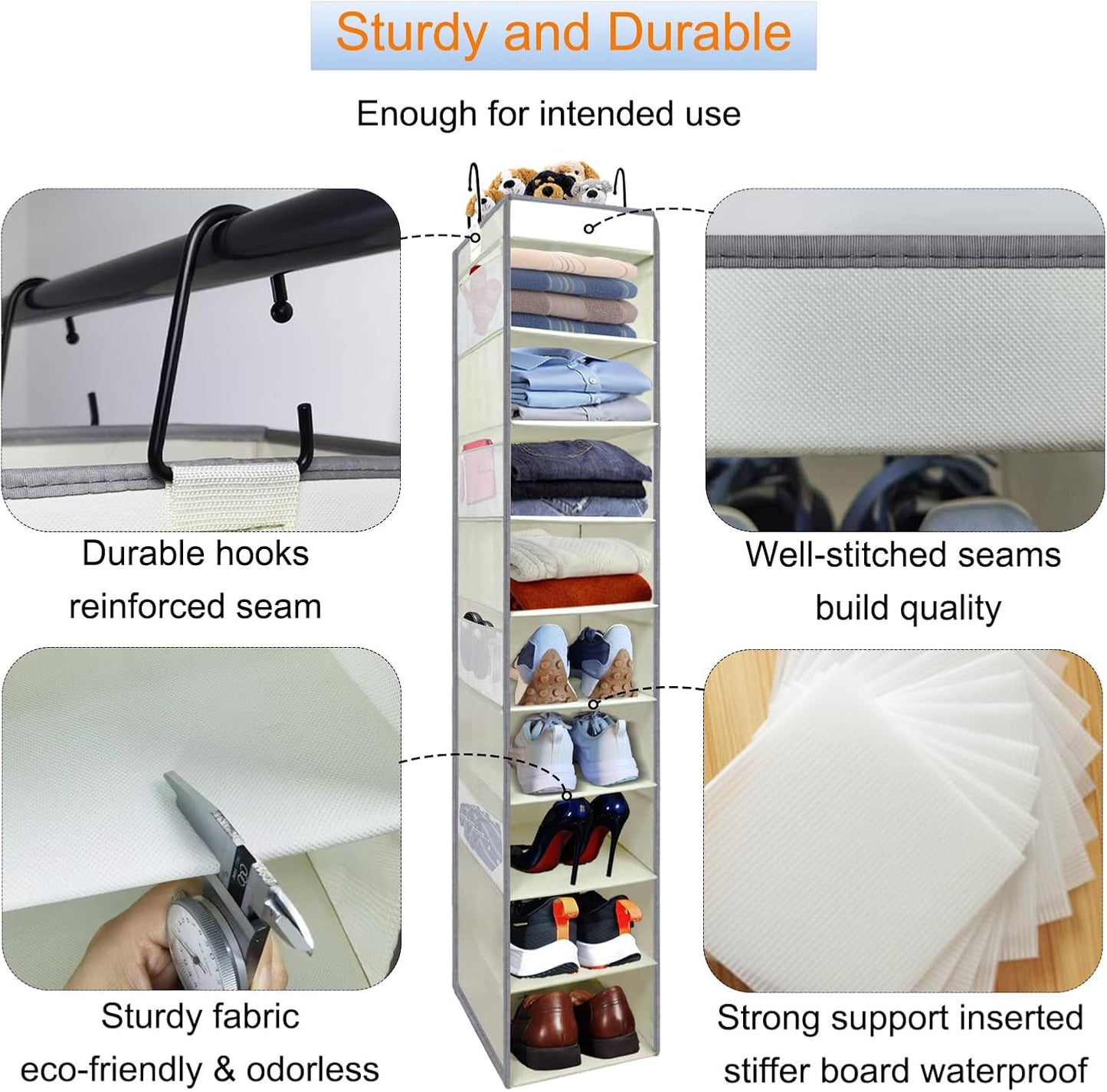 2 Pack Large-Sized Hanging Shoe Organizer 10-Shelf, Sturdy Hanging Closet Organizer with 8 Side Pockets, Wider Hanging Shelves for Storage Shoes Clothes Jeans Shirts Toys, Beige