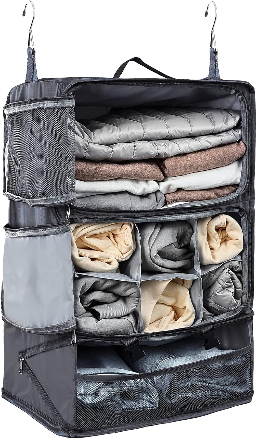 TABITORA Travel Portable Hanging Shelves Closet Organizer Packing Luggage Storage with Multifunctional and Foldable Invisible Compartment,Lightweight, for Suitcase, RV,Closet…Grey,XXL