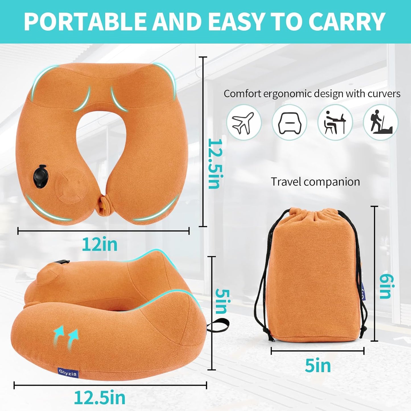 Inflatable Travel Neck Pillow for Airplane, Head Support Velvet Adult Neck Pillow for Long Flight, Kit with Eye Mask, Earplugs and Storage Bag,1, Orange