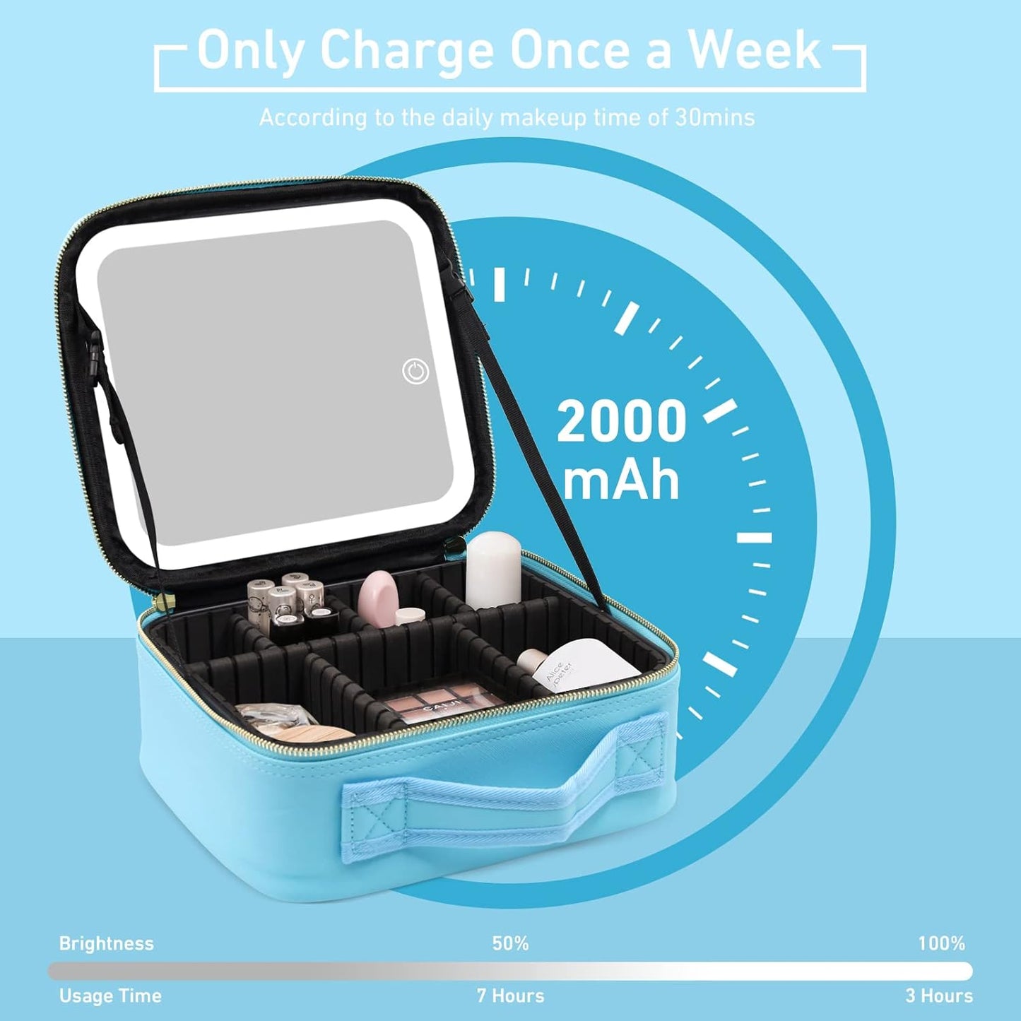 Makeup Organizer Bag with Mirror, Lighted Travel Makeup Bag 3 Colors Modes, Cosmetic Bag Make up Organizer with Mirror and Light, Makeup Train Case Portable Cosmetic Storage Case Gifts(Blue)