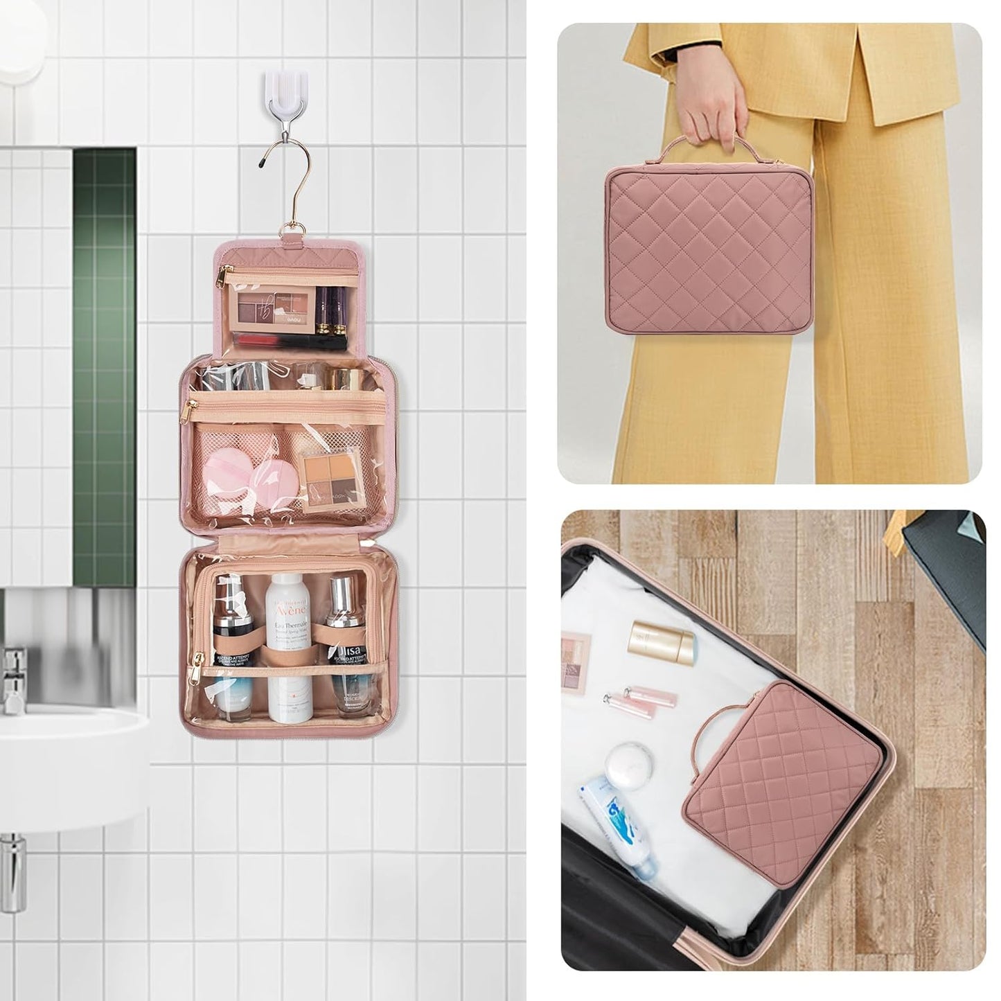 CUBETASTIC Travel Toiletry Bag, Makeup Bag for Women, Small Hanging Travel Bag for Toiletries with 3 Compartment, Portable Cosmetic Organizer Case, Water-resistant, Pink