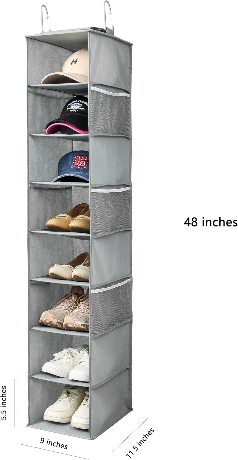 Hanging Shoe Organizer for Closet with Side Mesh Pockets，Hat Racks for Baseball Caps，Shoe and Hat Holder & Storage，8-Shelf，Gray，1 Pack