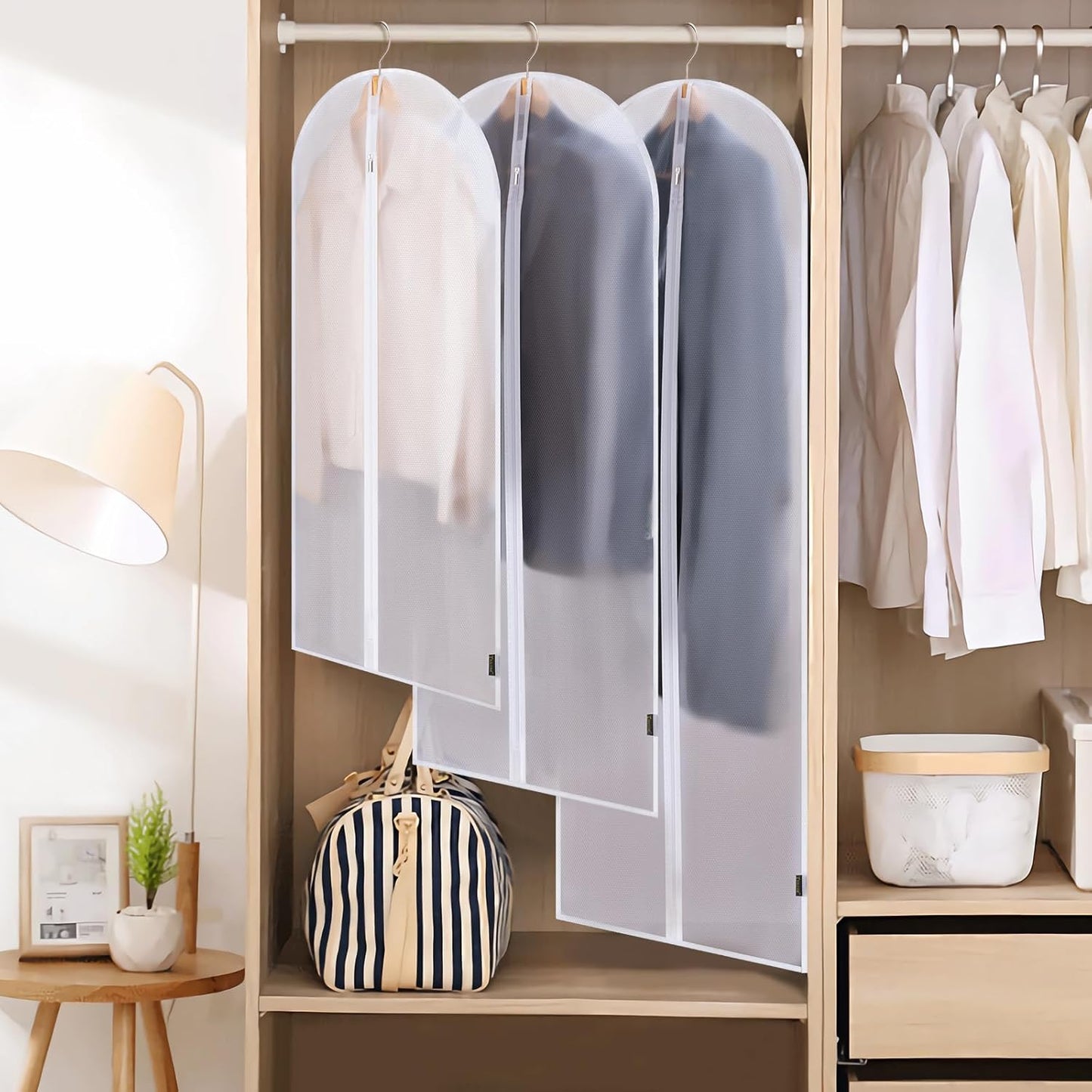 BALEINE 60'' Translucent Garment Bags, 2 Packs PEVA Dress Bag for Closet Clothes Dresses Suit Coats Storage (White, 2PK)