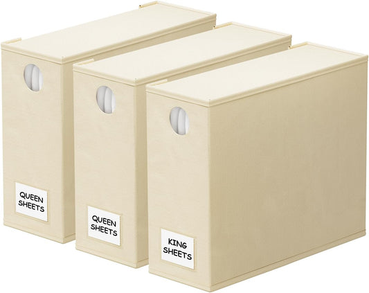 SpaceAid 3 Pack Bed Sheet Organizers and Storage, Foldable Linen Closet Organizer, Set Folder Keeper With Window XL (Queen & King Size) Bedding Container (Beige)