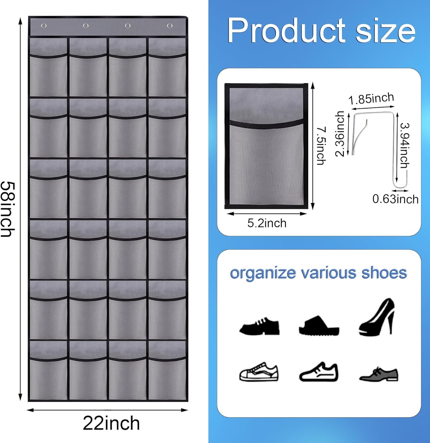 Over the Door Shoe Organizer, 24 Large Breathable Mesh Pockets, Hanging Storage Holder, Hanging Shoe Organizer(Grey)