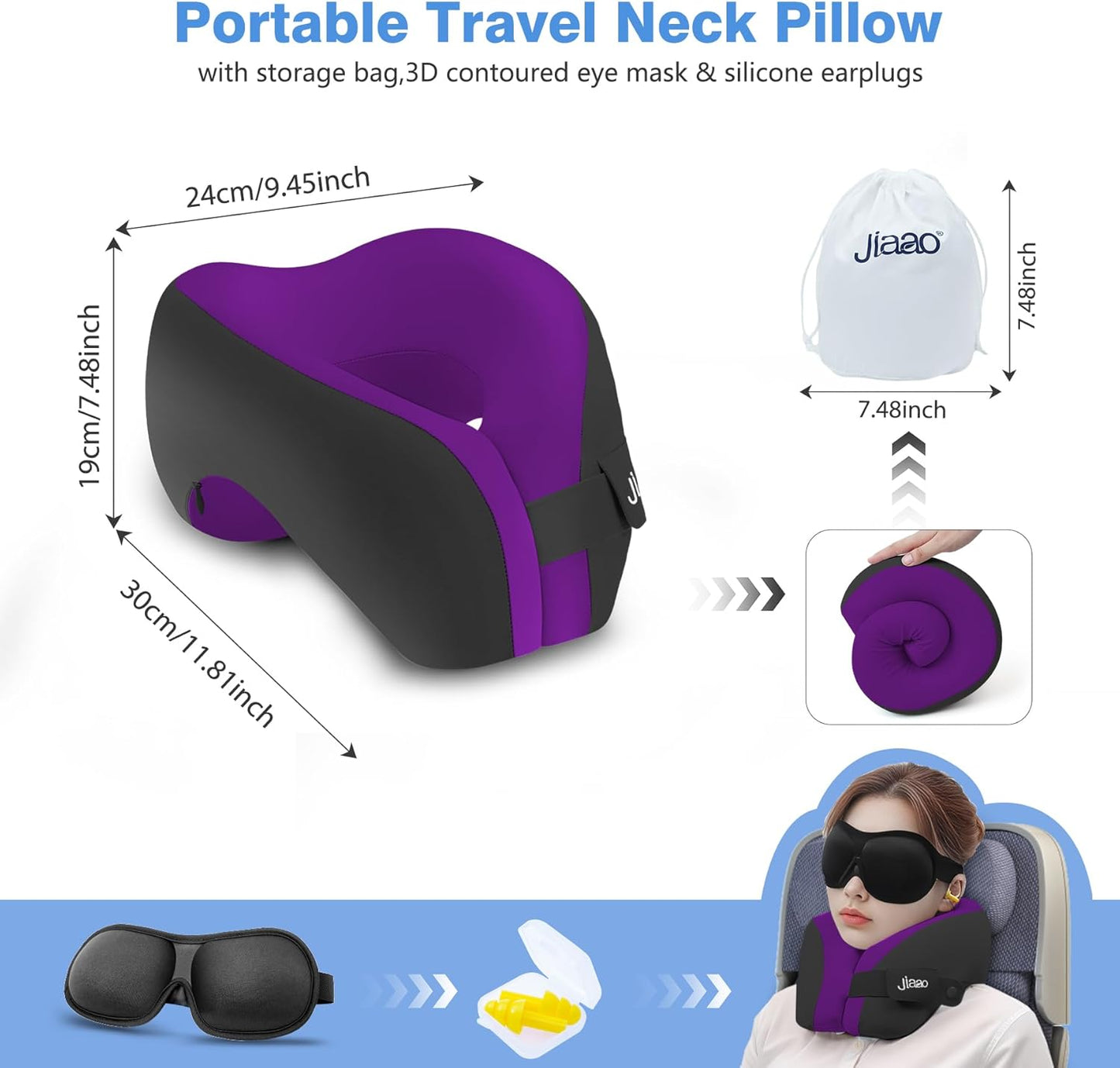 Neck Pillow Airplane, Ergonomic Memory Foam Travel Pillows for Long Flights, 3D Eye Masks, Ear Plugs and Portable Drawstring Bag, Napping Pillow for Home, Sleep Rest, Family and Travel Use