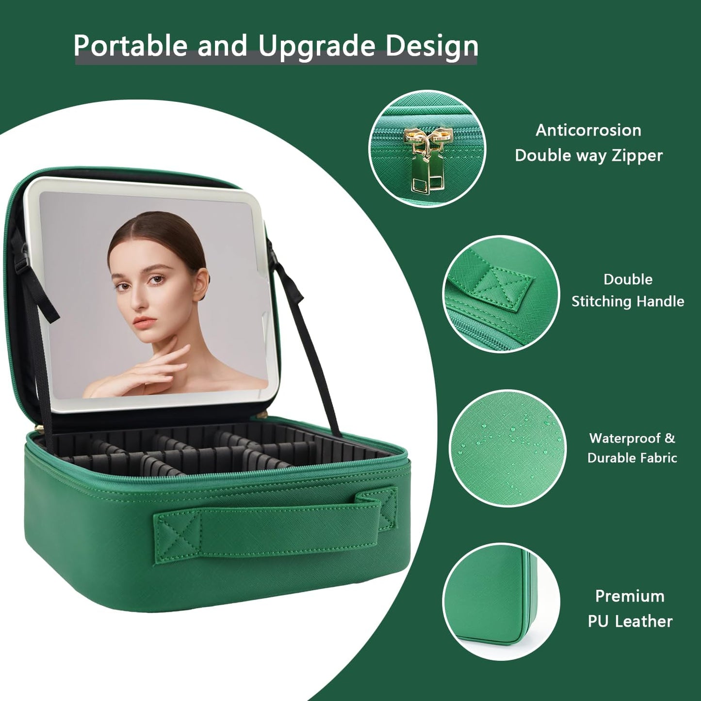 Makeup Bag with Led Mirror,Travel Makeup Organizer with 3 Color Setting, Portable Storage and Adjustable Dividers Travel Makeup Bag(Dark green)