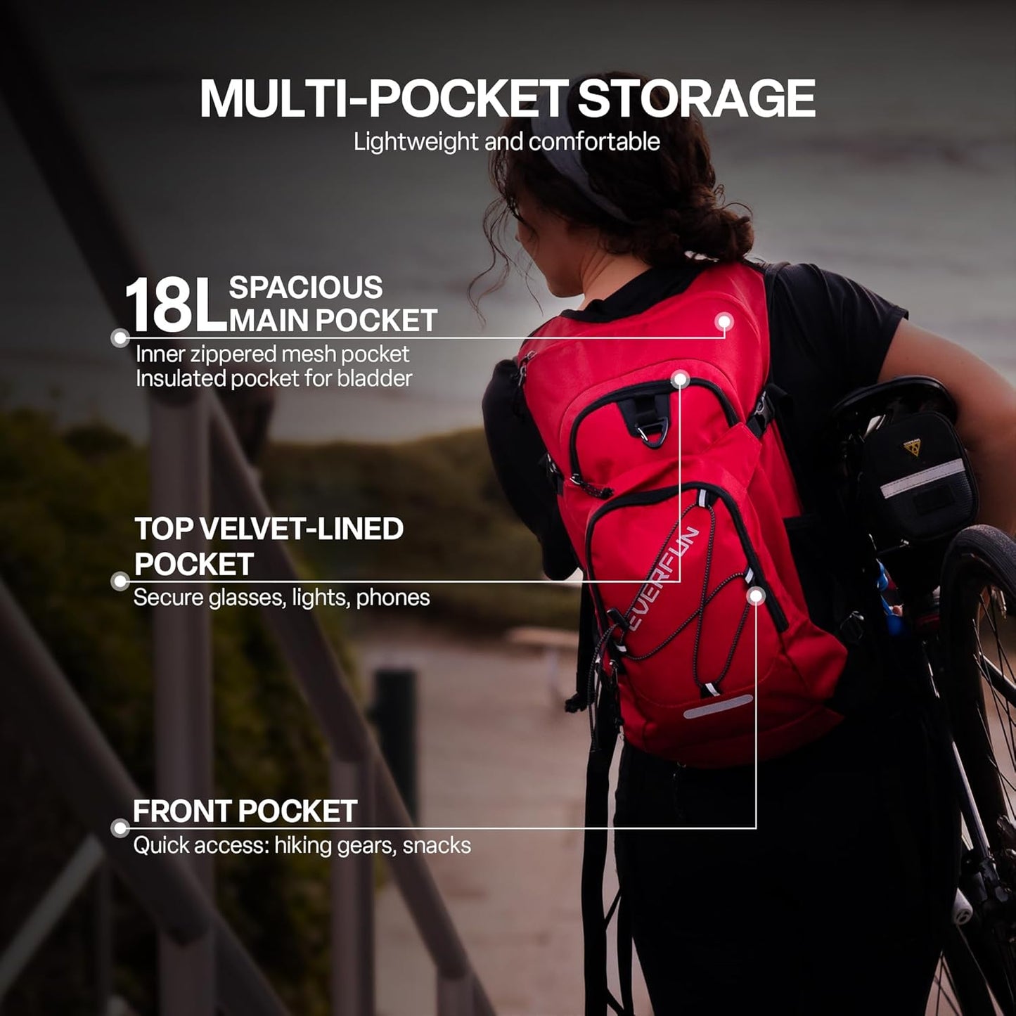 Everfun Hydration Backpack 18L with Water Bladder 2L/3L Hiking Water Backpack Women Men Hydration Pack Insulated Lightweight Day Hydropack with Storage for Hiking, Biking, Running, Festival