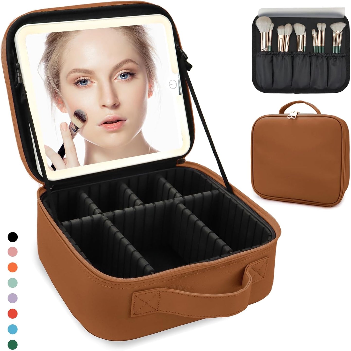 Travel Makeup Bag for Women and Makeup Artists Cosmetic Organizer Large Makeup Case,Travel Makeup Bag with Mirror 3 Color Setting,Portable Storage and Adjustable Dividers(CARAMEL COLOR)