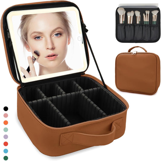 Travel Makeup Bag for Women and Makeup Artists Cosmetic Organizer Large Makeup Case,Travel Makeup Bag with Mirror 3 Color Setting,Portable Storage and Adjustable Dividers(CARAMEL COLOR)
